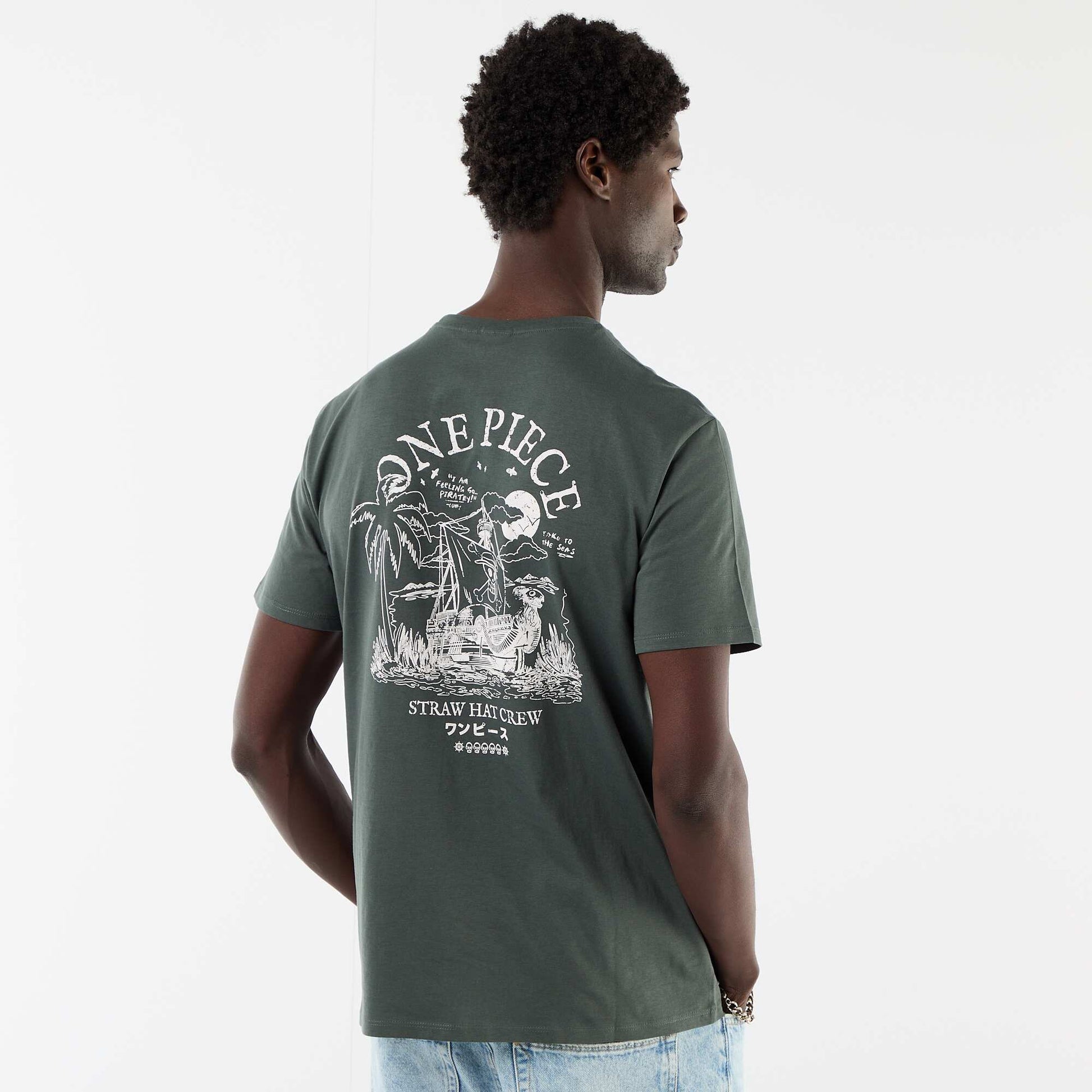 'One Piece' Front and Back Print T-shirt GREEN