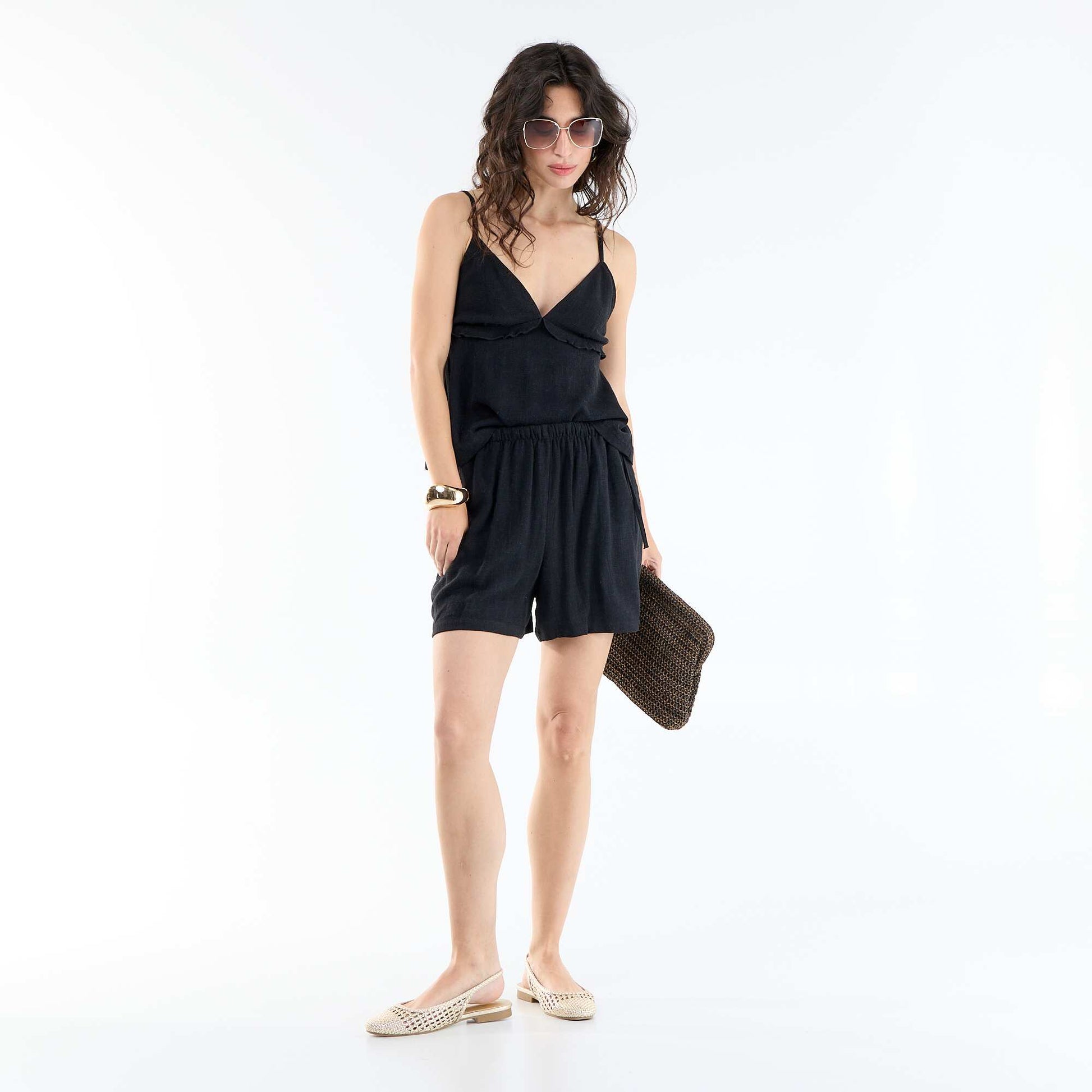 Solid Blended Linen Shorts BLACK