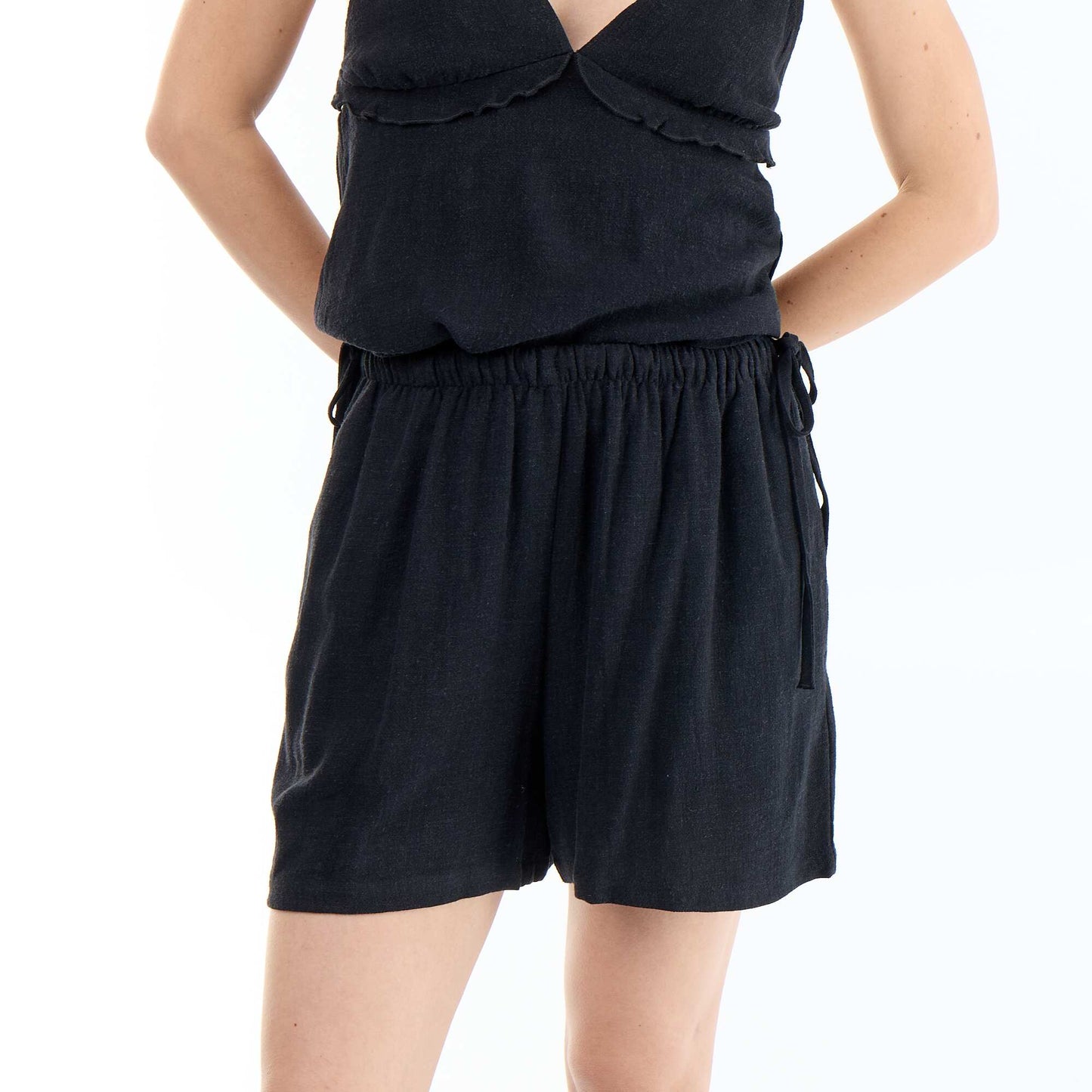 Solid Blended Linen Shorts BLACK