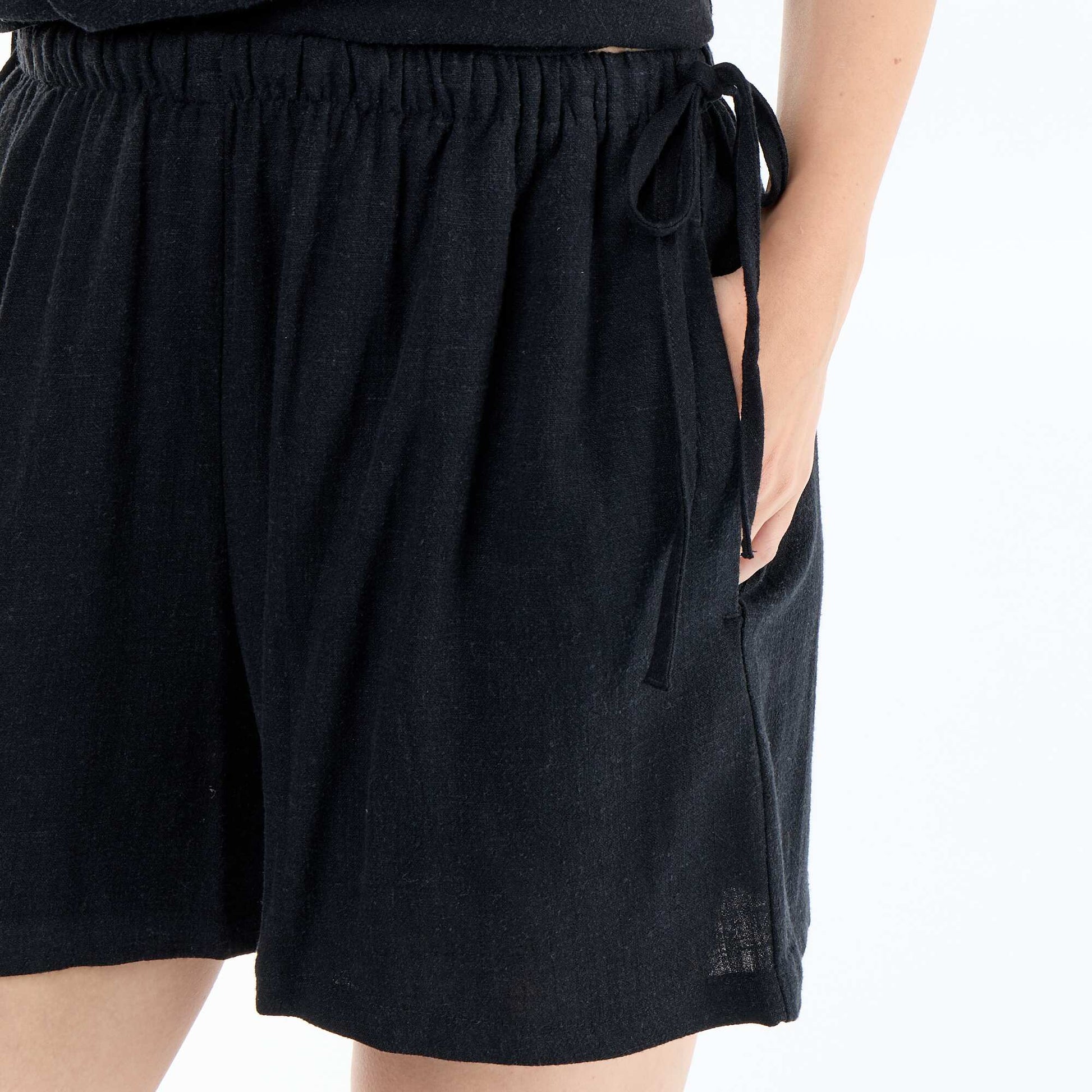 Solid Blended Linen Shorts BLACK