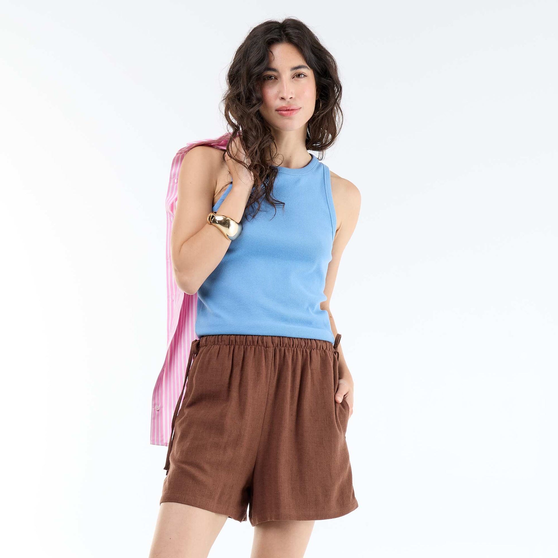 Solid Blended Linen Shorts BROWN