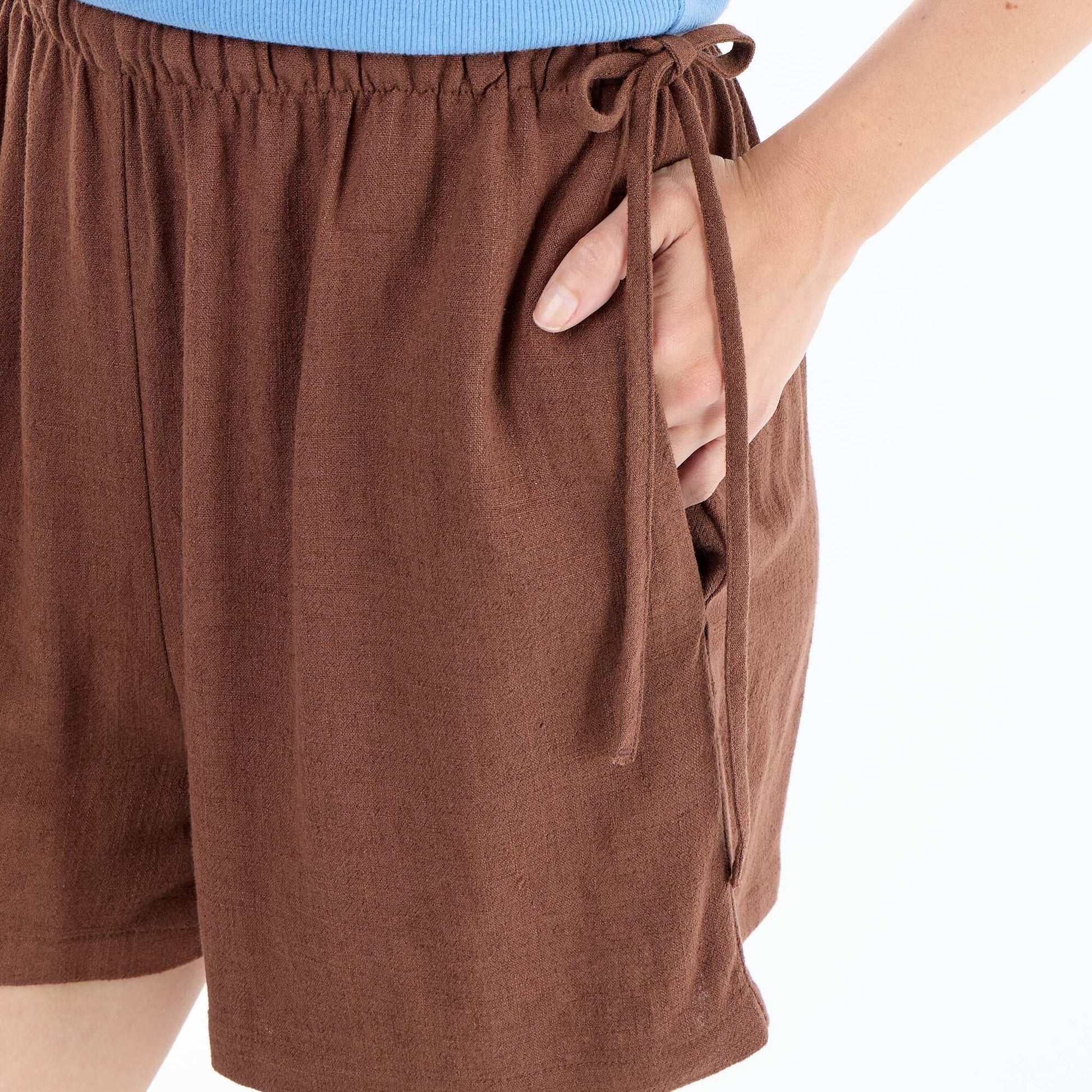 Solid Blended Linen Shorts BROWN