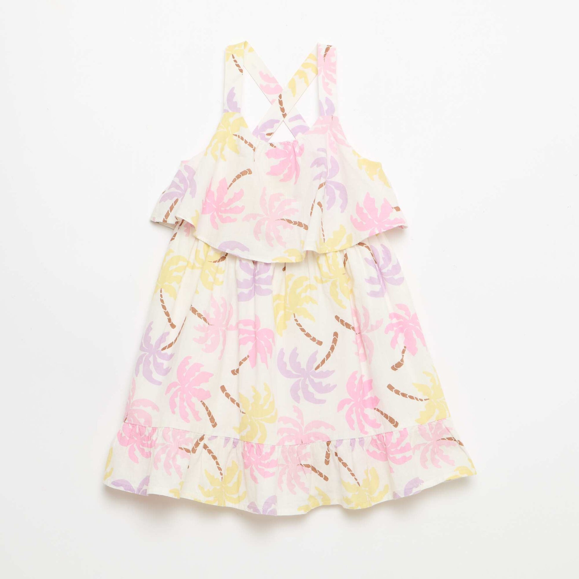 Criss-Cross Strap Shift Dress with Ruffles BEIGE