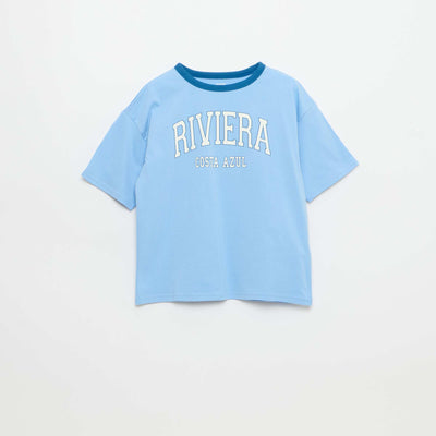 Short-Sleeve Patterned T-Shirt with Contrasting Trim BLUE