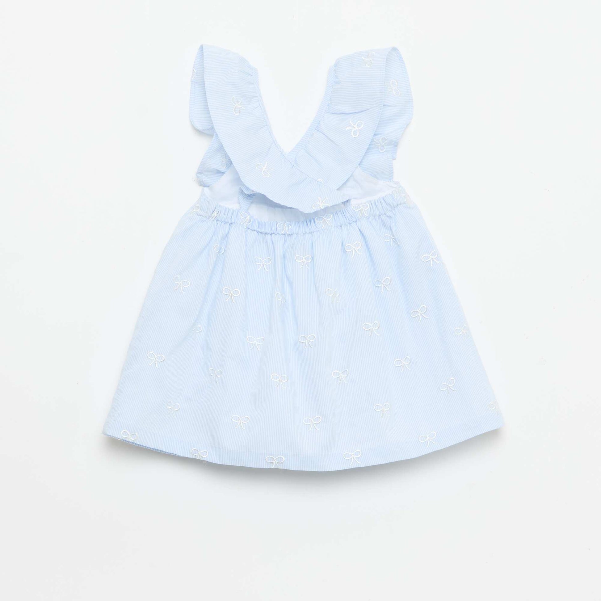 კაბა ფრიალა თასმებით და ნაქარგებით ლურჯი