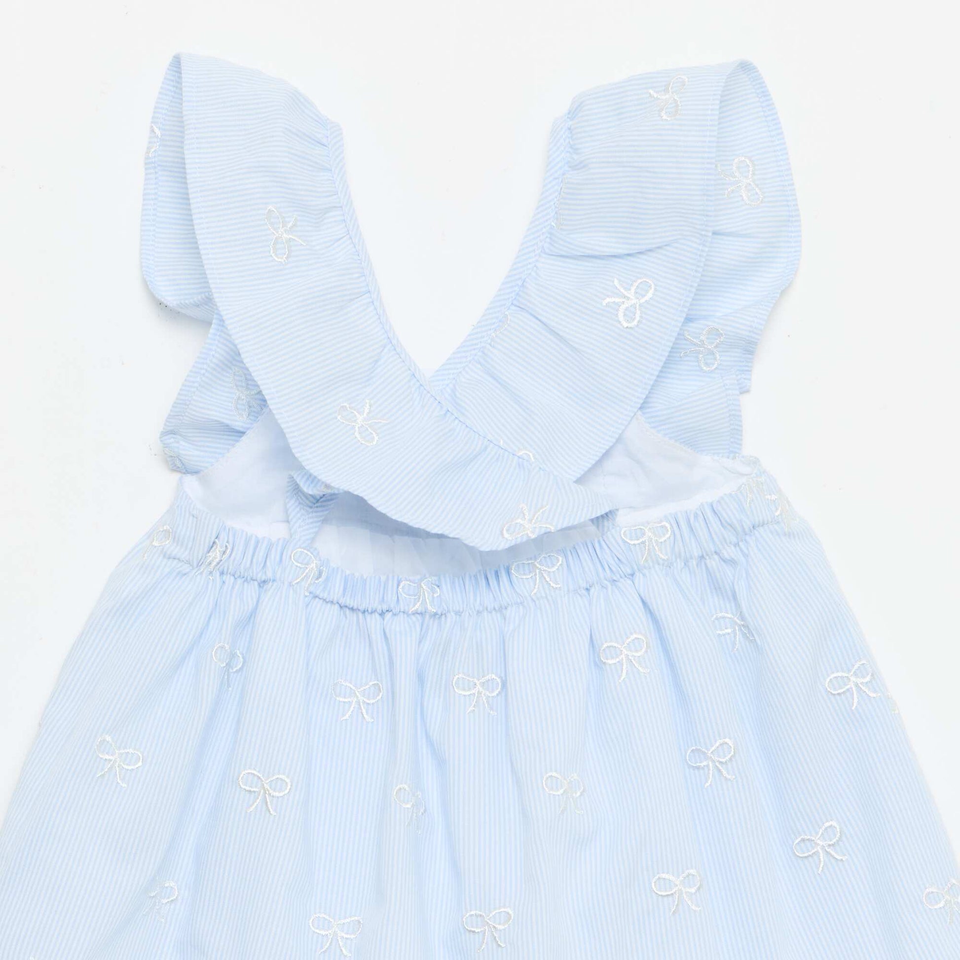 კაბა ფრიალა თასმებით და ნაქარგებით ლურჯი