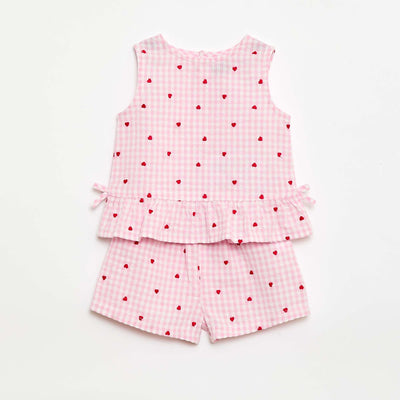 2-ნაწილიანი ბამბის პრინტიანი ბლუზა და შორტი ვარდისფერის დაყენება