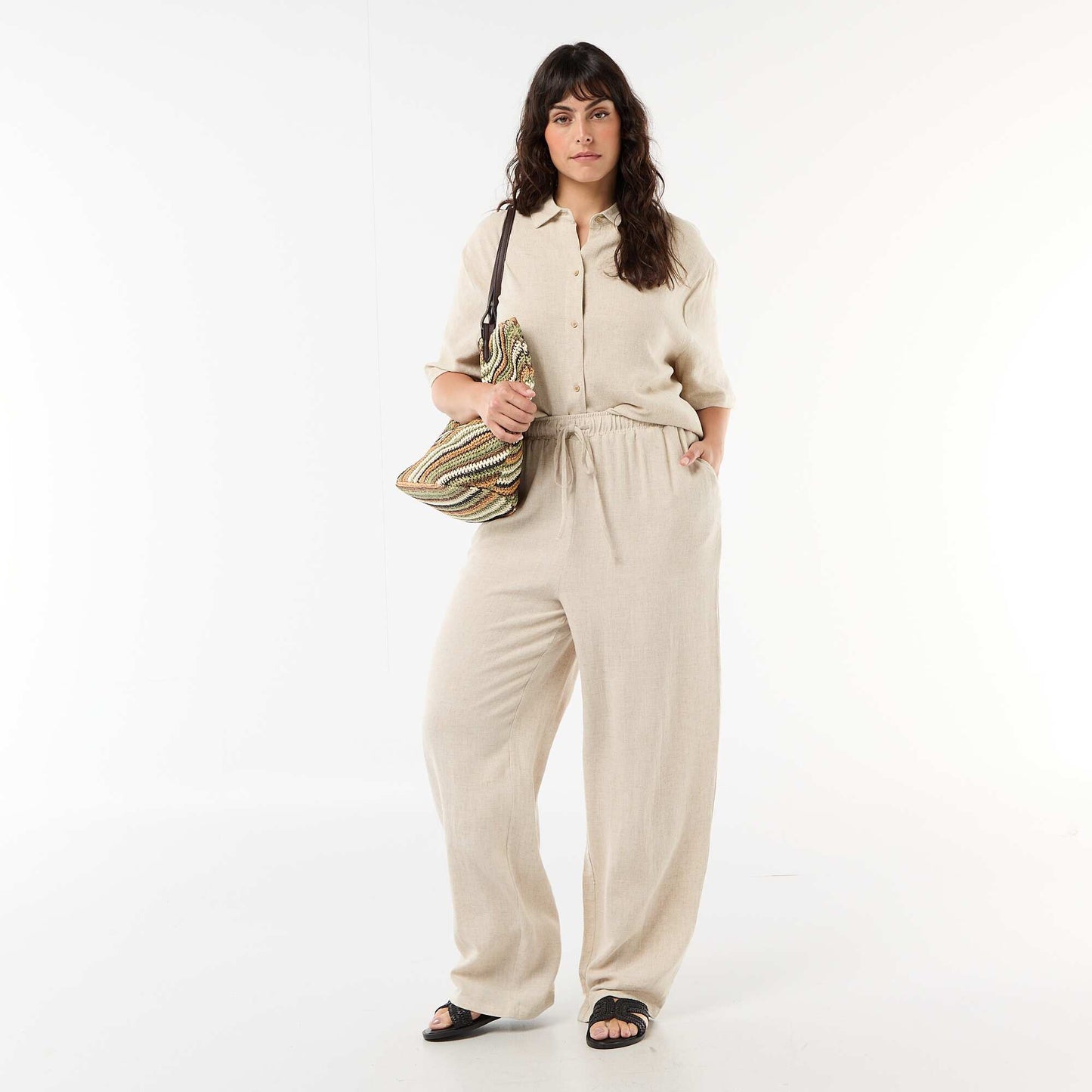 Plain Blended Linen Trousers BEIGE