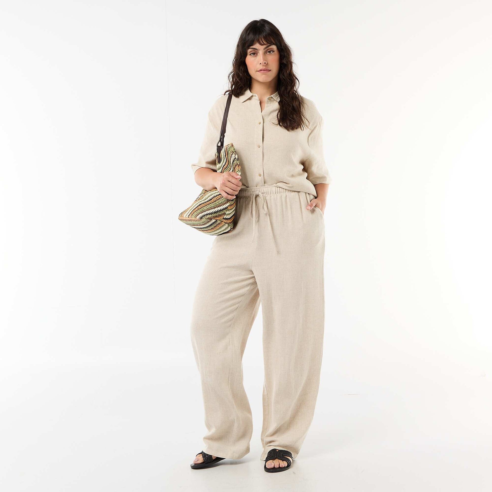 Plain Blended Linen Trousers BEIGE