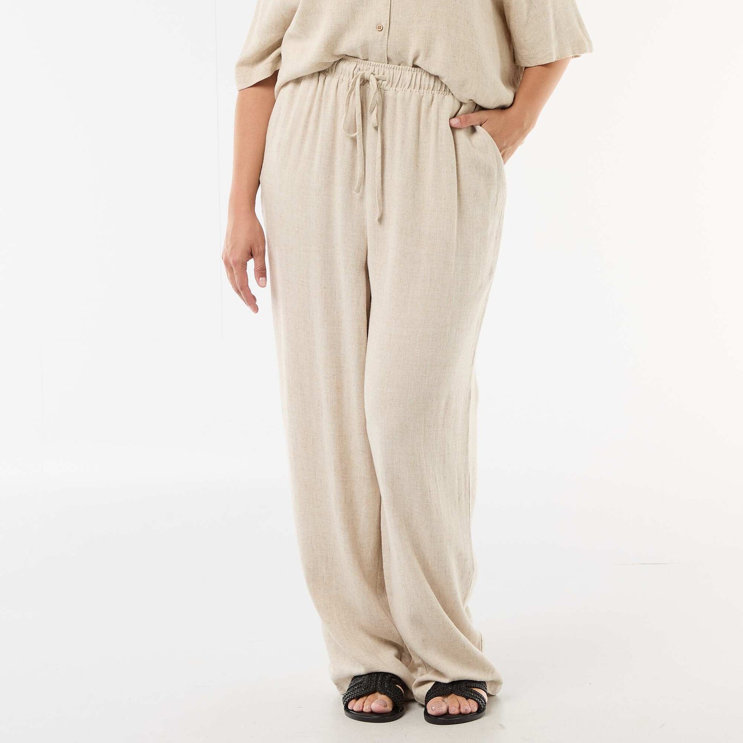 Plain Blended Linen Trousers BEIGE