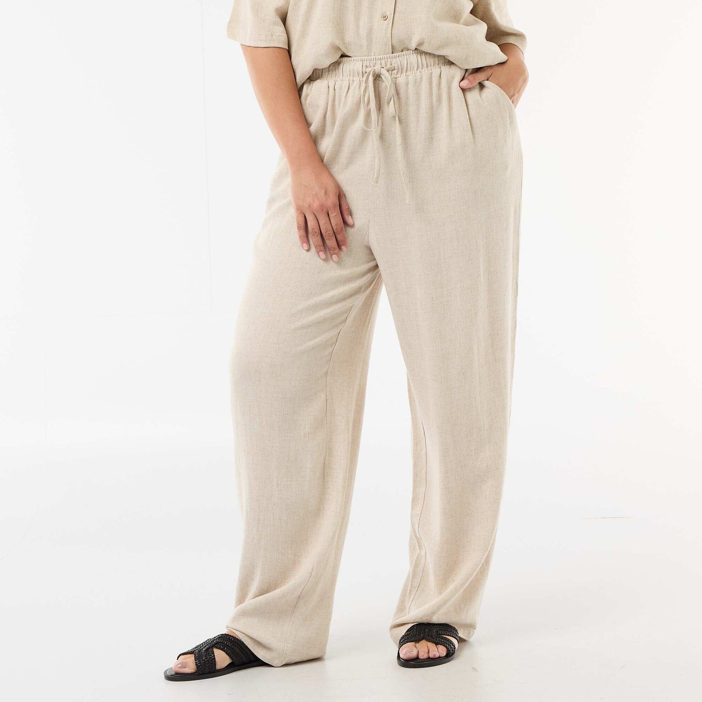 Plain Blended Linen Trousers BEIGE