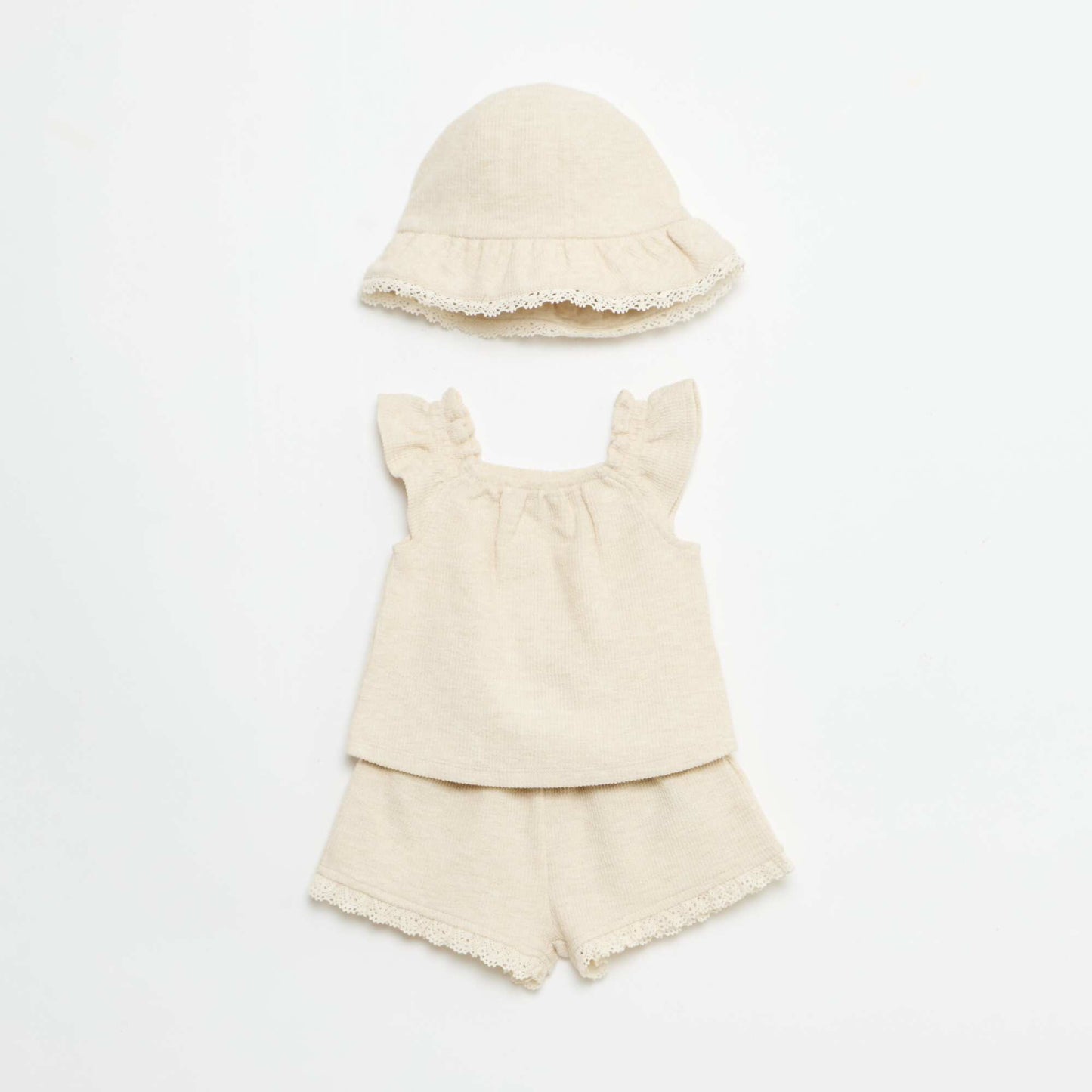 3-piece ribbed knit set - shorts + T-shirt + bucket hat BEIGE