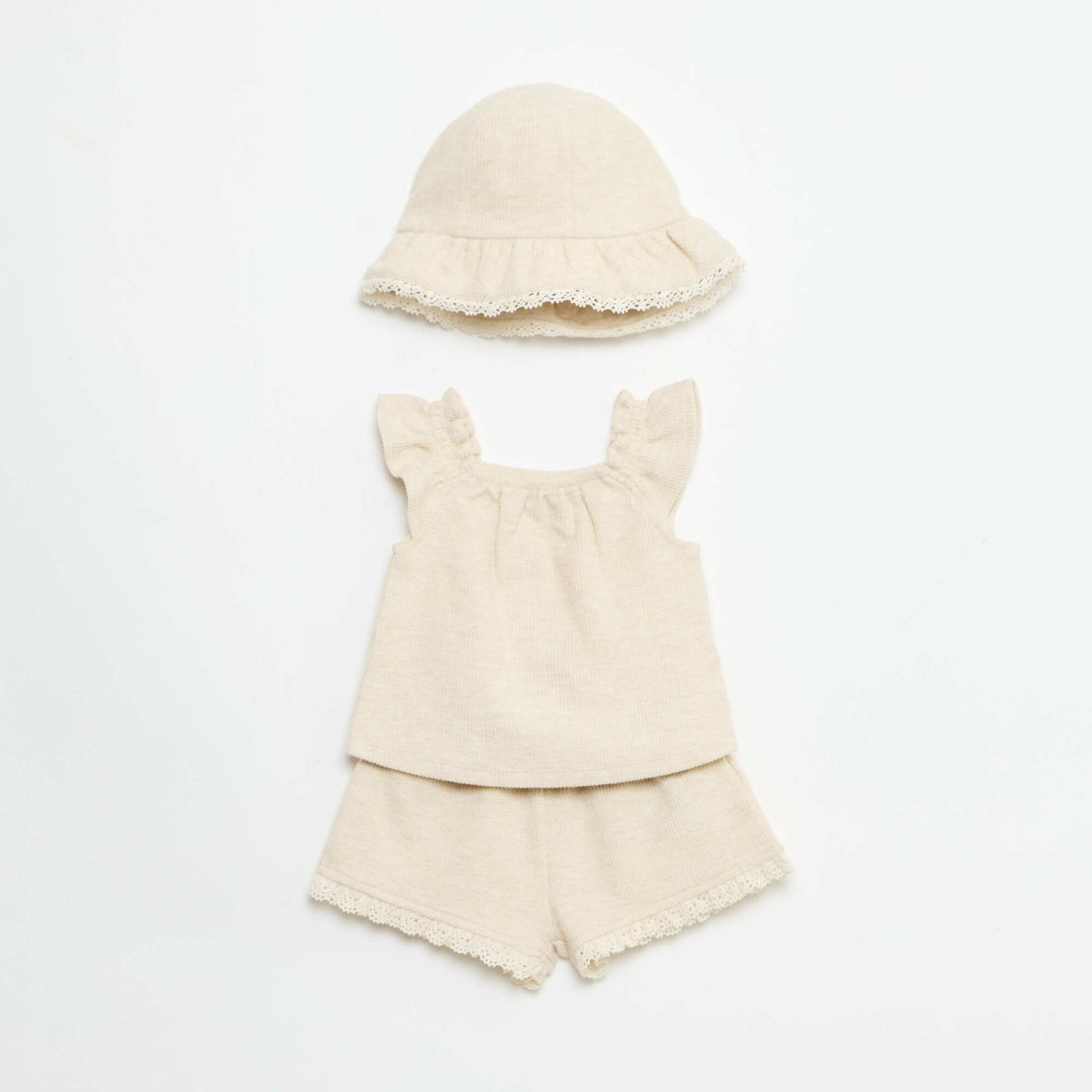 3-piece ribbed knit set - shorts + T-shirt + bucket hat BEIGE
