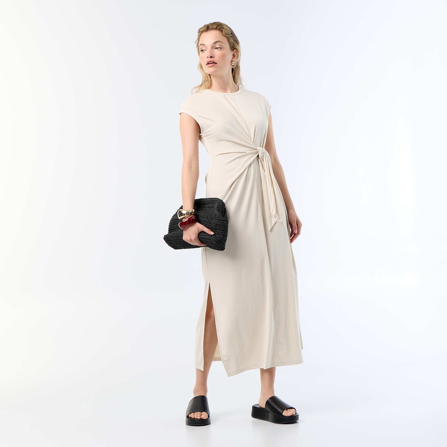 Long Tie-Waist Dress BEIGE