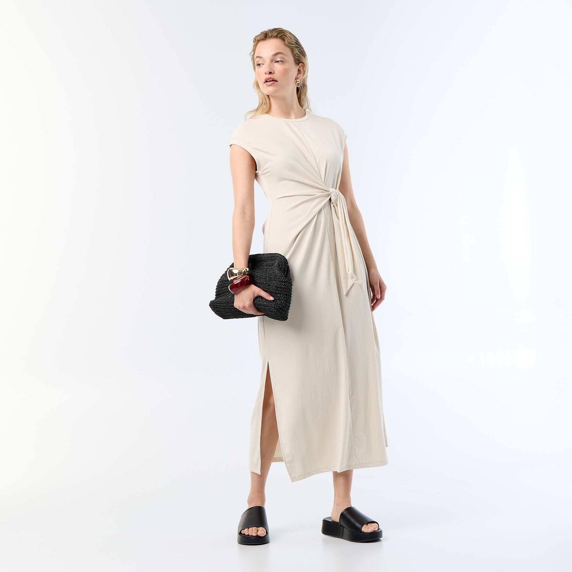 Long Tie-Waist Dress BEIGE