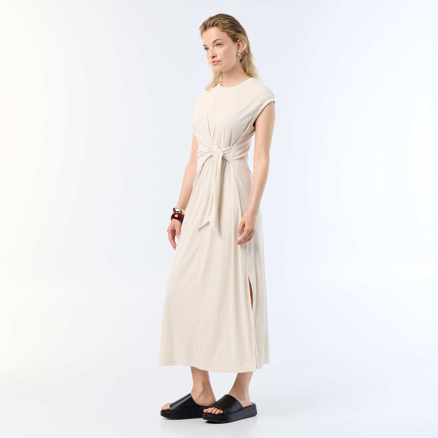 Long Tie-Waist Dress BEIGE
