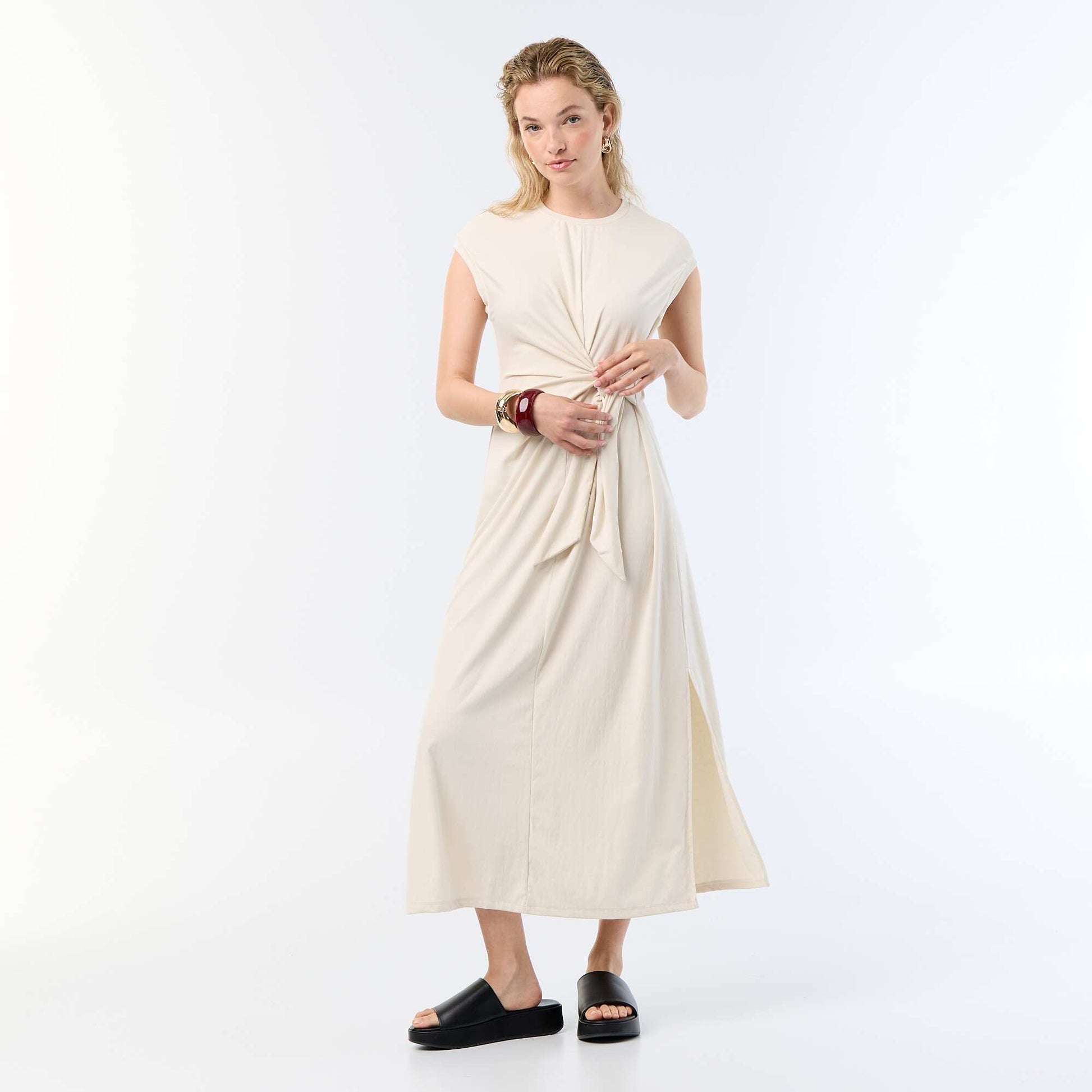 Long Tie-Waist Dress BEIGE