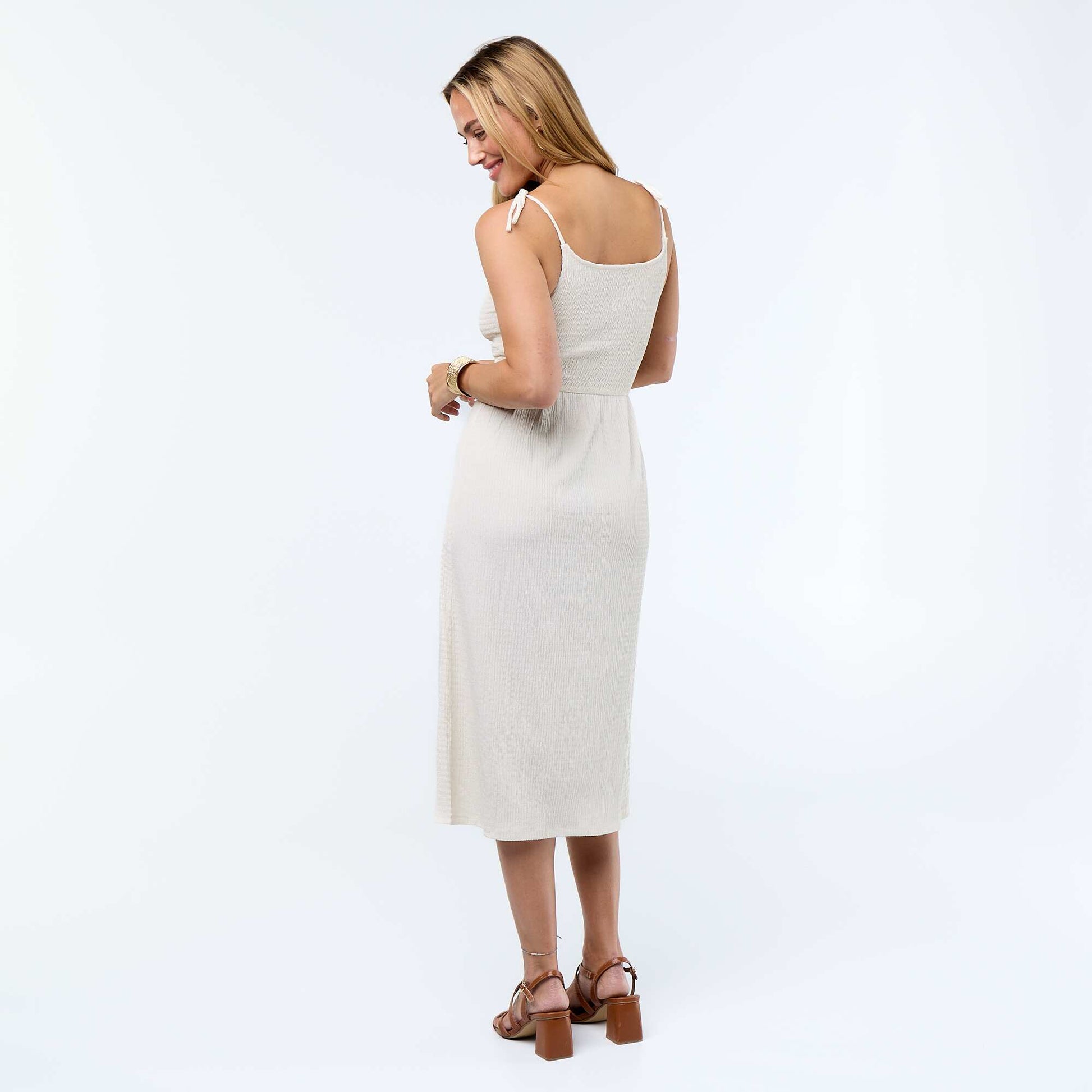 Smocked solid short dress BEIGE