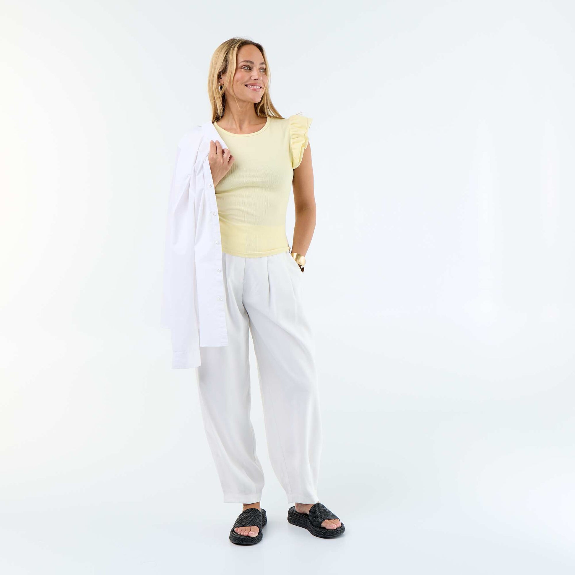 Ribbed Ruffle-Sleeve T-shirt YELLOW