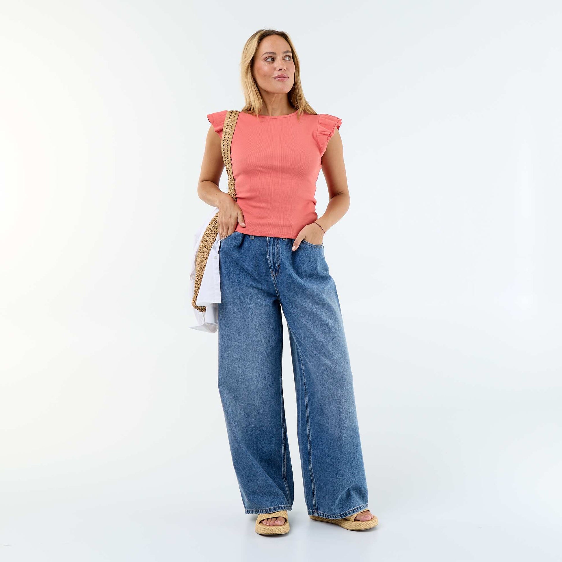 Ribbed Ruffle-Sleeve T-shirt ORANGE