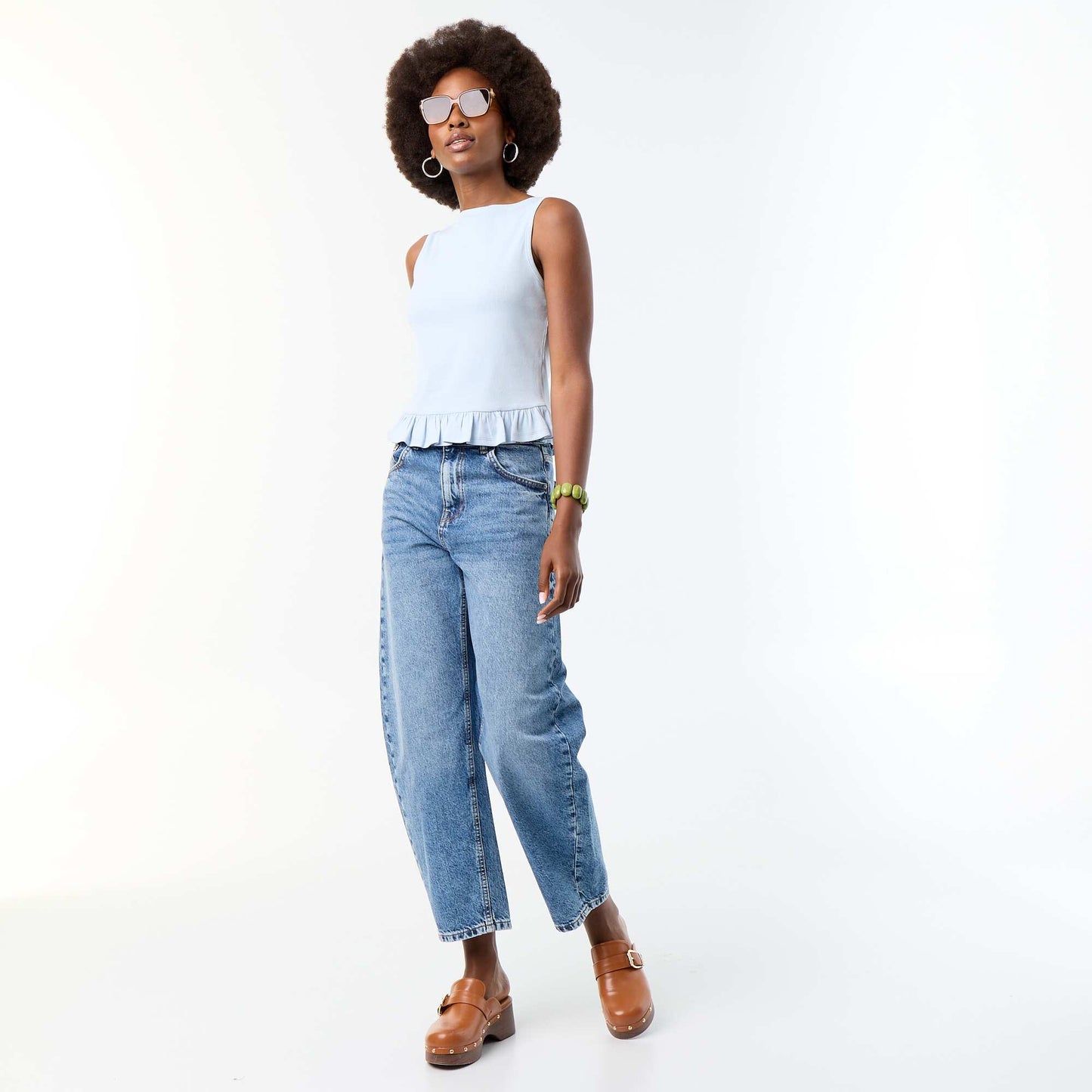 Tank Top with Boat Neck and Ruffled Hem BLUE