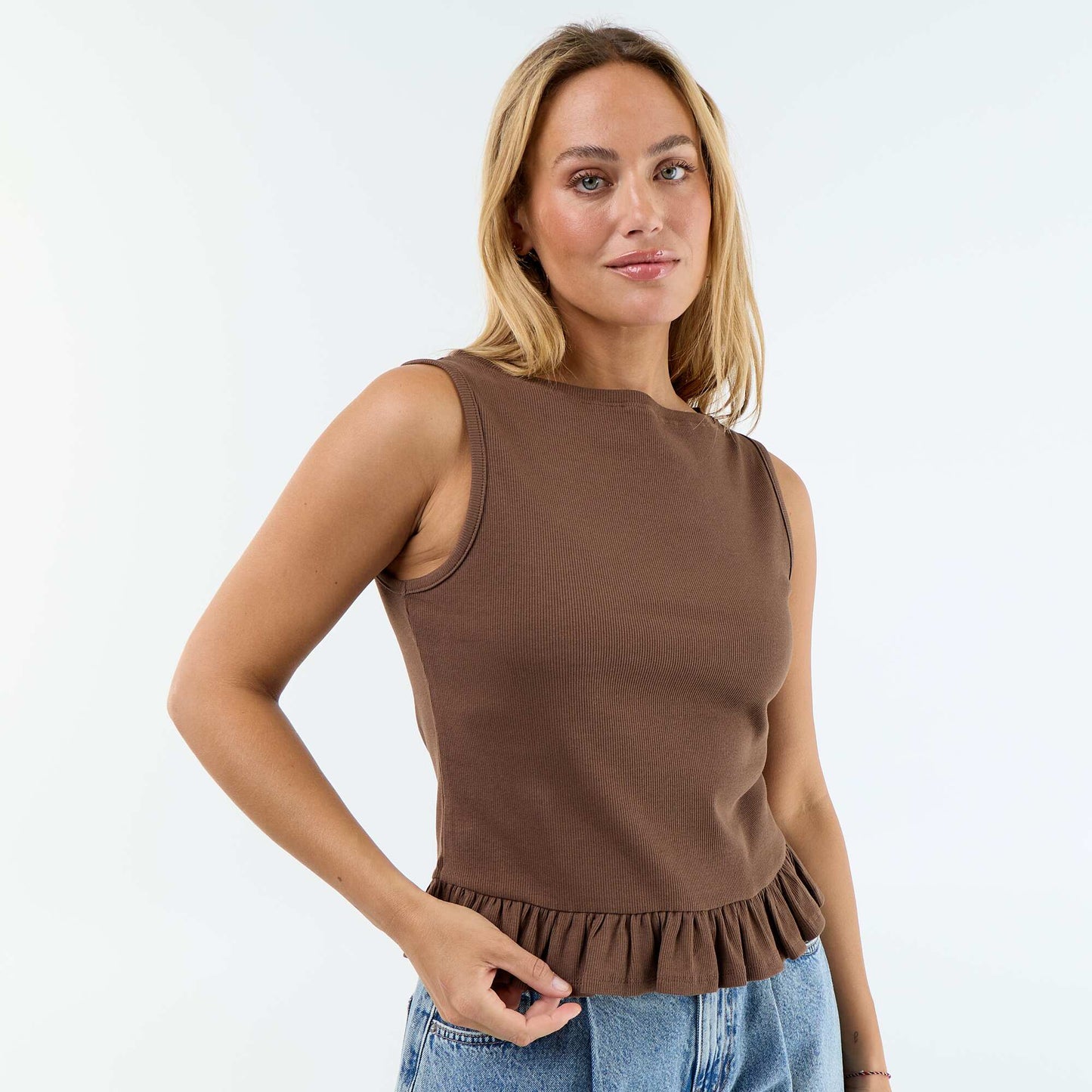 Tank Top with Boat Neck and Ruffled Hem BROWN
