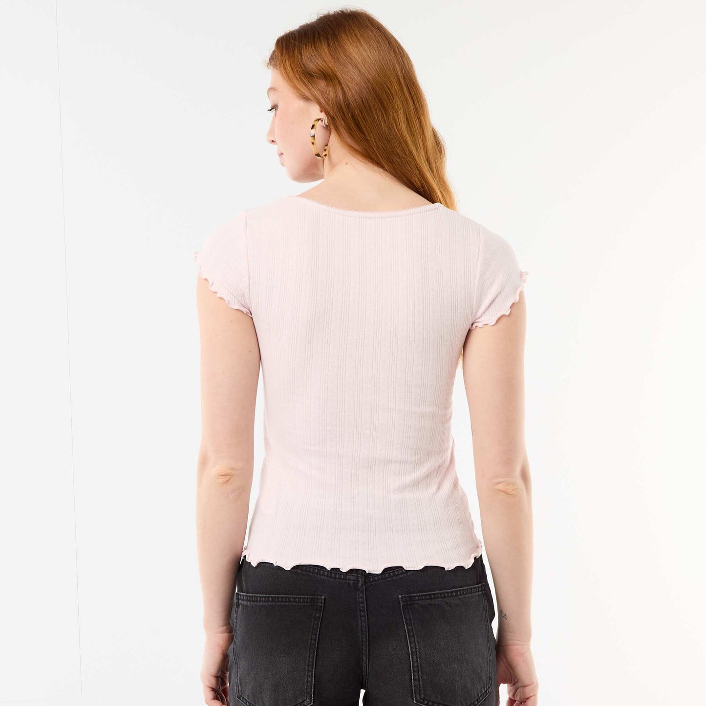 Ribbed short-sleeved T-shirt with ruffled sleeves PINK