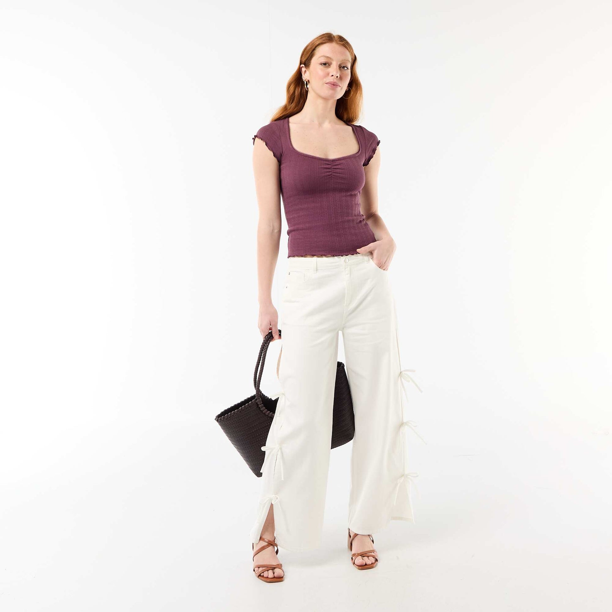 Ribbed short-sleeved T-shirt with ruffled sleeves PURPLE