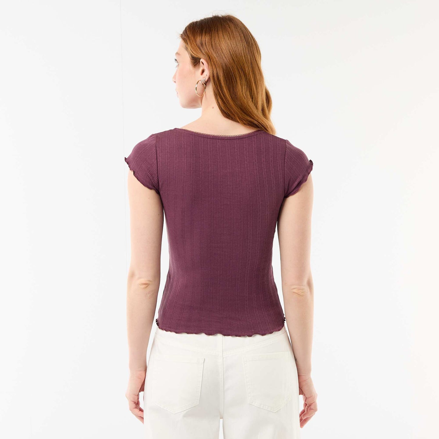 Ribbed short-sleeved T-shirt with ruffled sleeves PURPLE