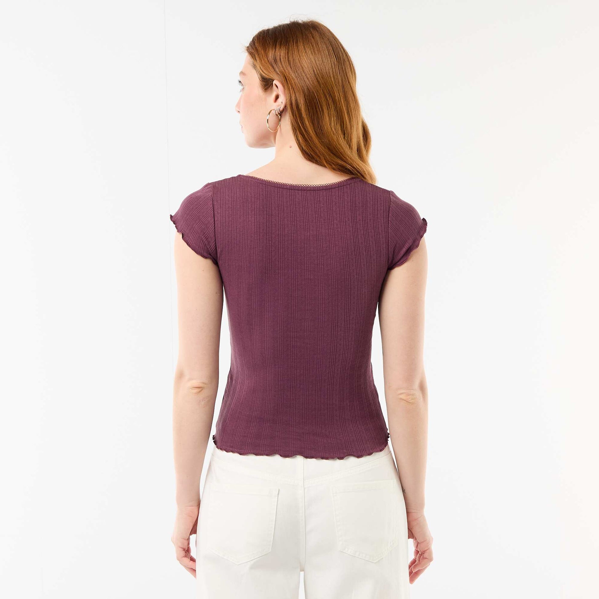 Ribbed short-sleeved T-shirt with ruffled sleeves PURPLE