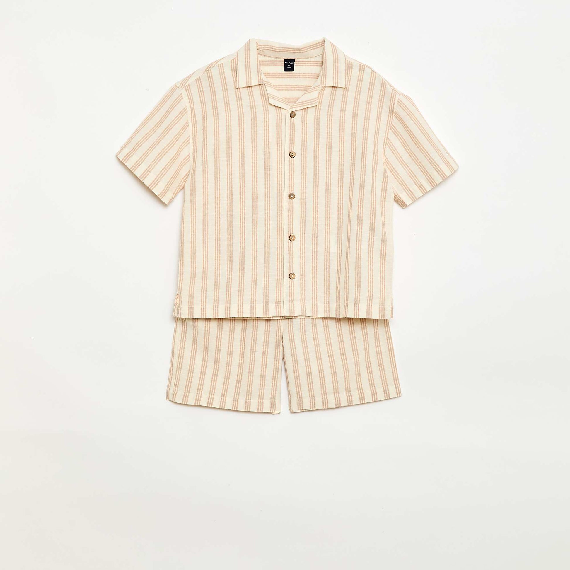 ზოლიანი პერანგი და შორტი ნაკრები კრემისფერი