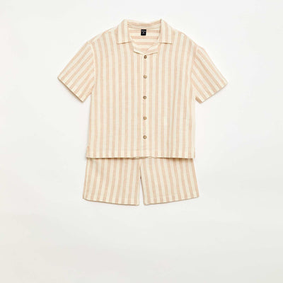 ზოლიანი პერანგი და შორტი ნაკრები კრემისფერი