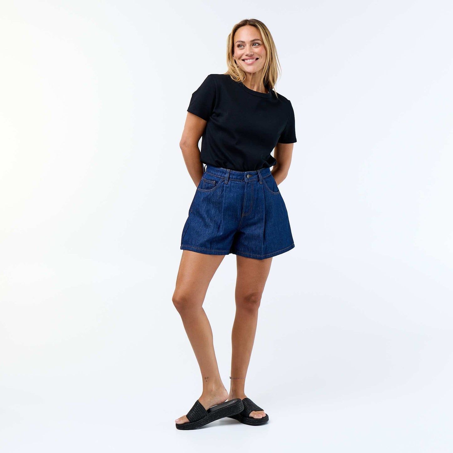High-waisted denim Bermuda shorts BLUE