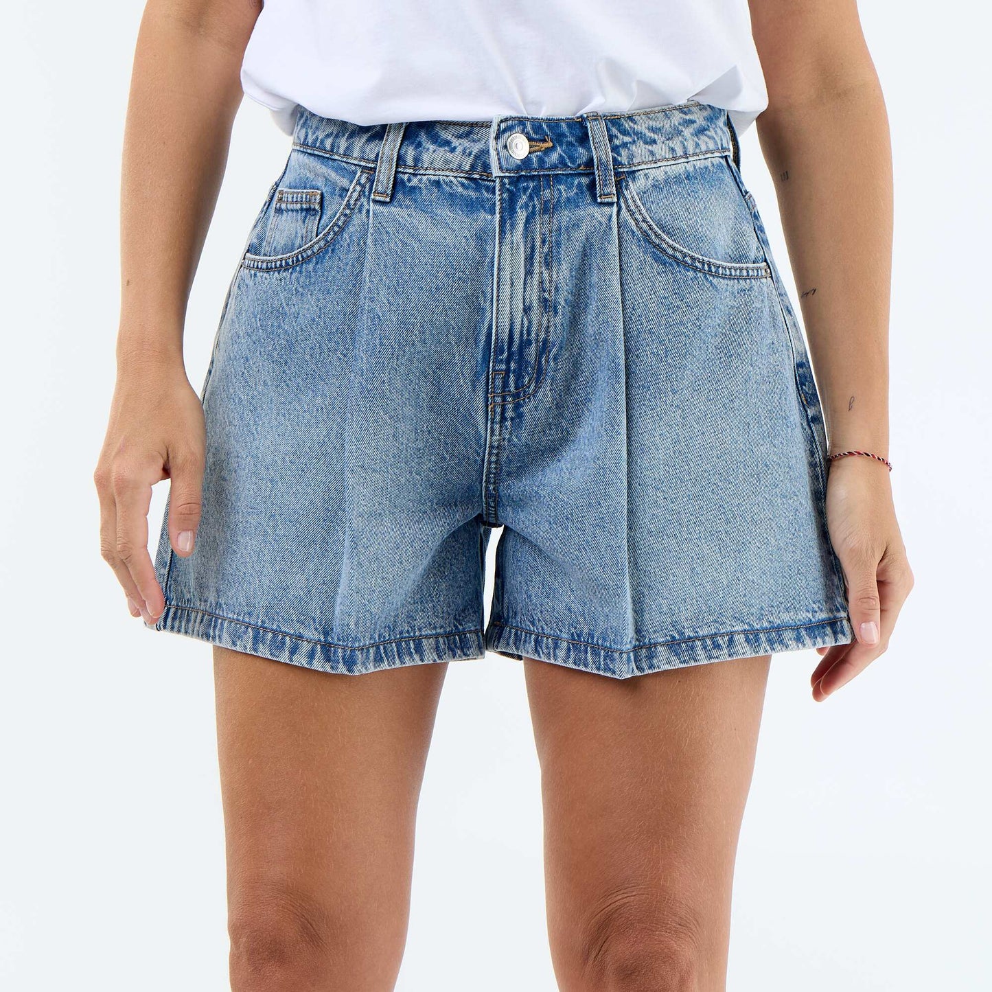 High-waisted denim Bermuda shorts BLUE