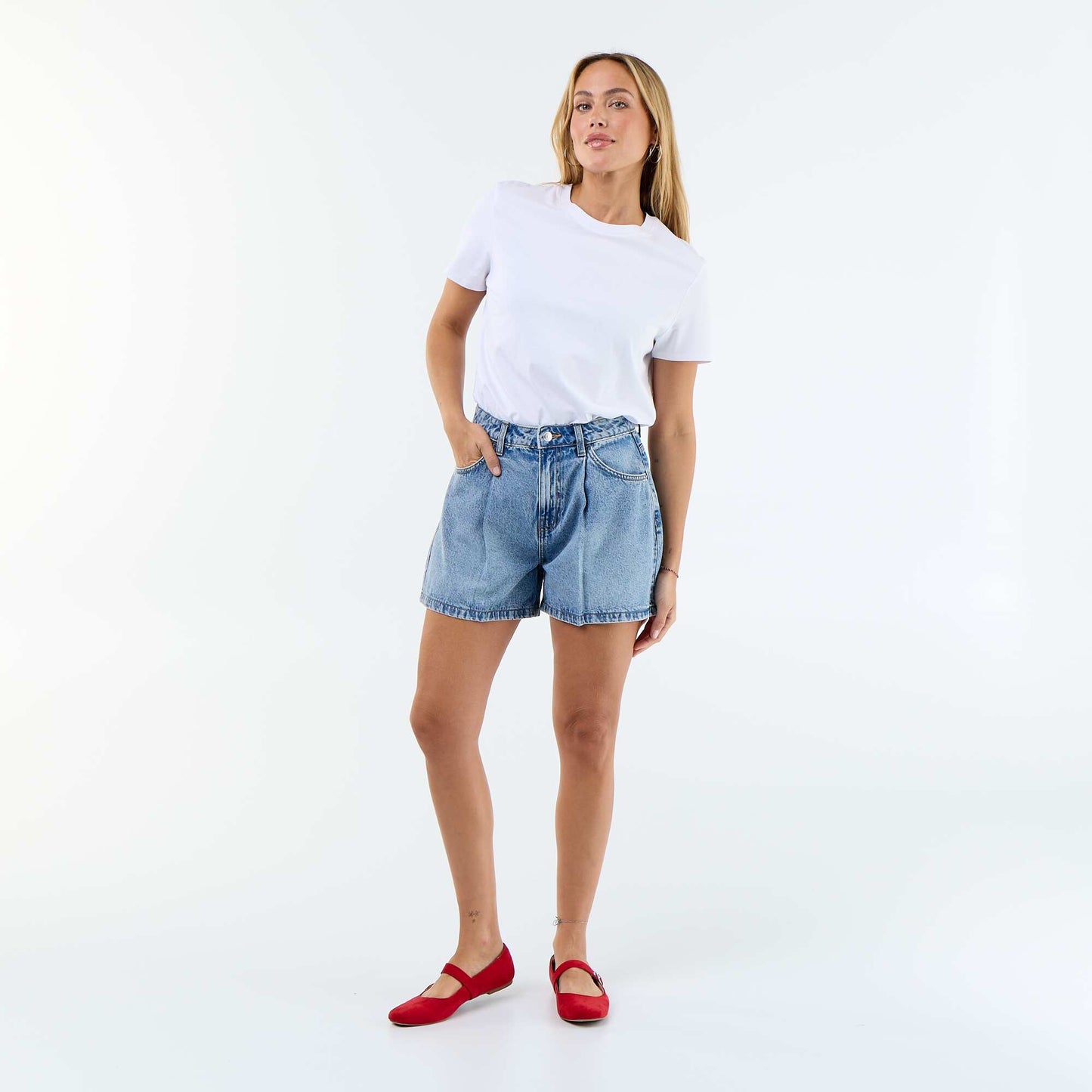 High-waisted denim Bermuda shorts BLUE
