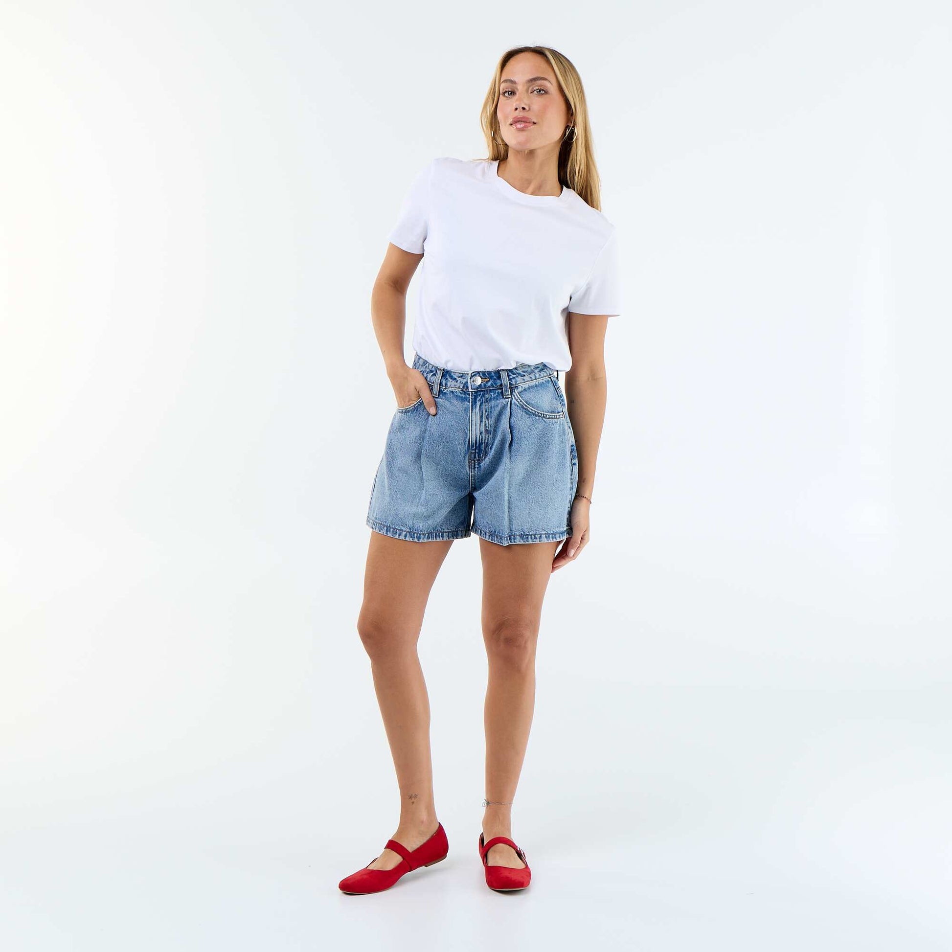 High-waisted denim Bermuda shorts BLUE