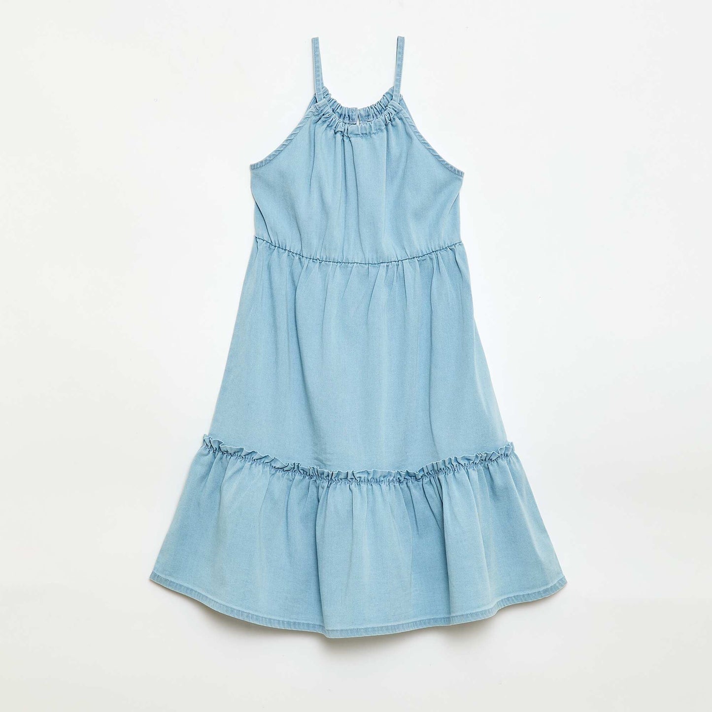 სადა კაბა თასმებით და ფრიალებით ლურჯი