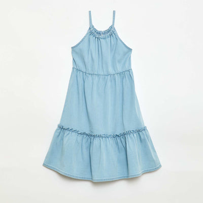 სადა კაბა თასმებით და ფრიალებით ლურჯი