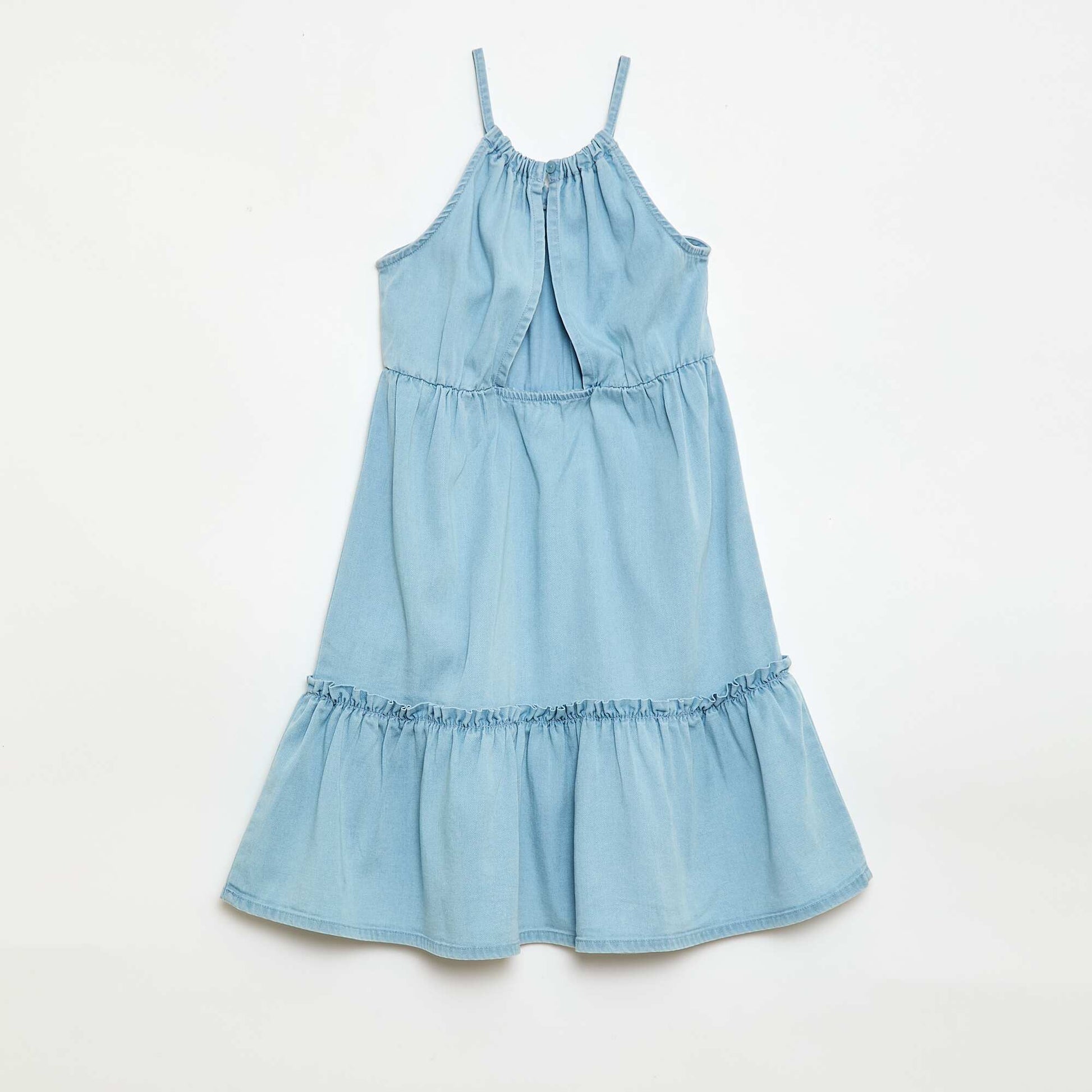 სადა კაბა თასმებით და ფრიალებით ლურჯი