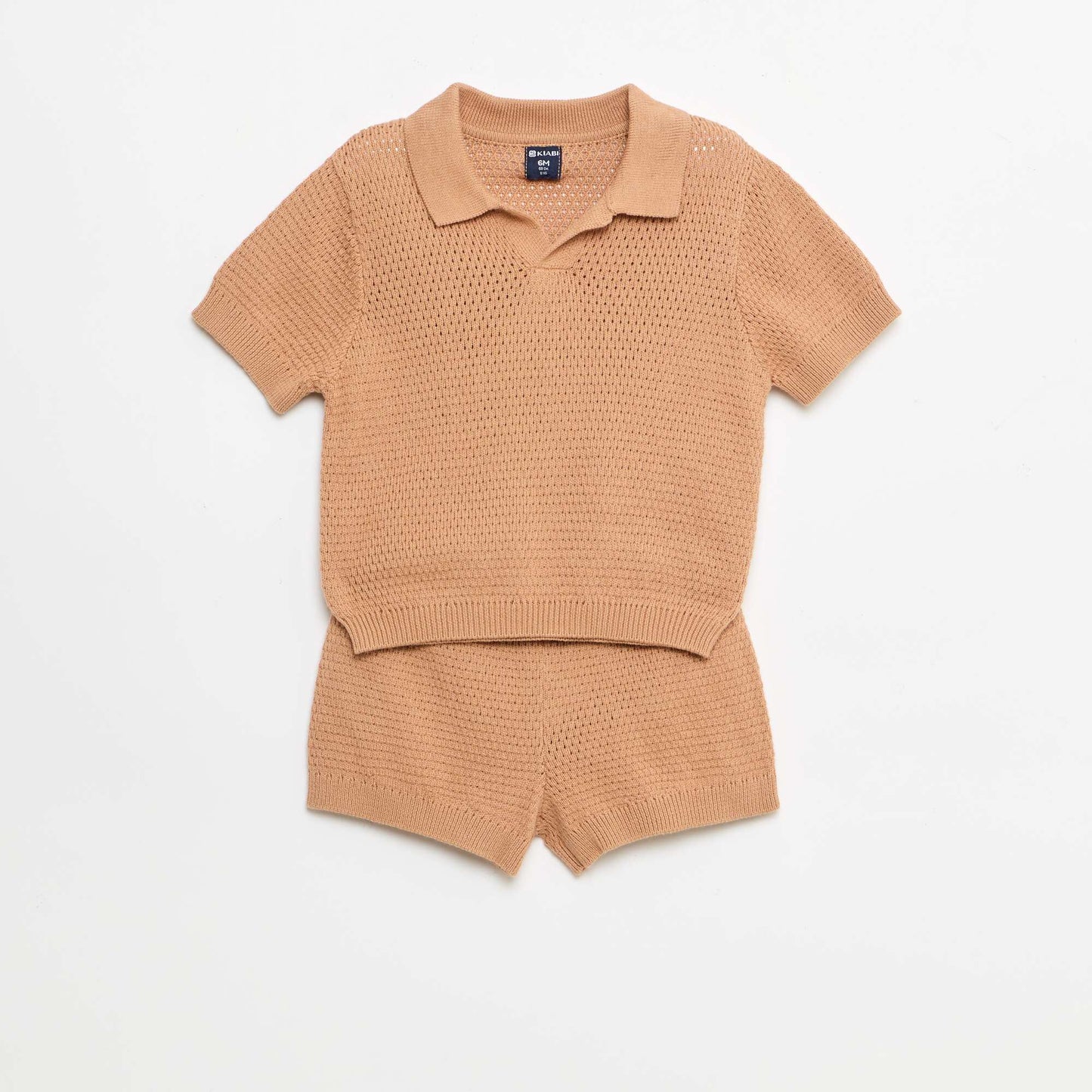 2 ნაწილიანი ნაქსოვი კომპლექტი - პოლოს მაისური + შორტი ყავისფერი