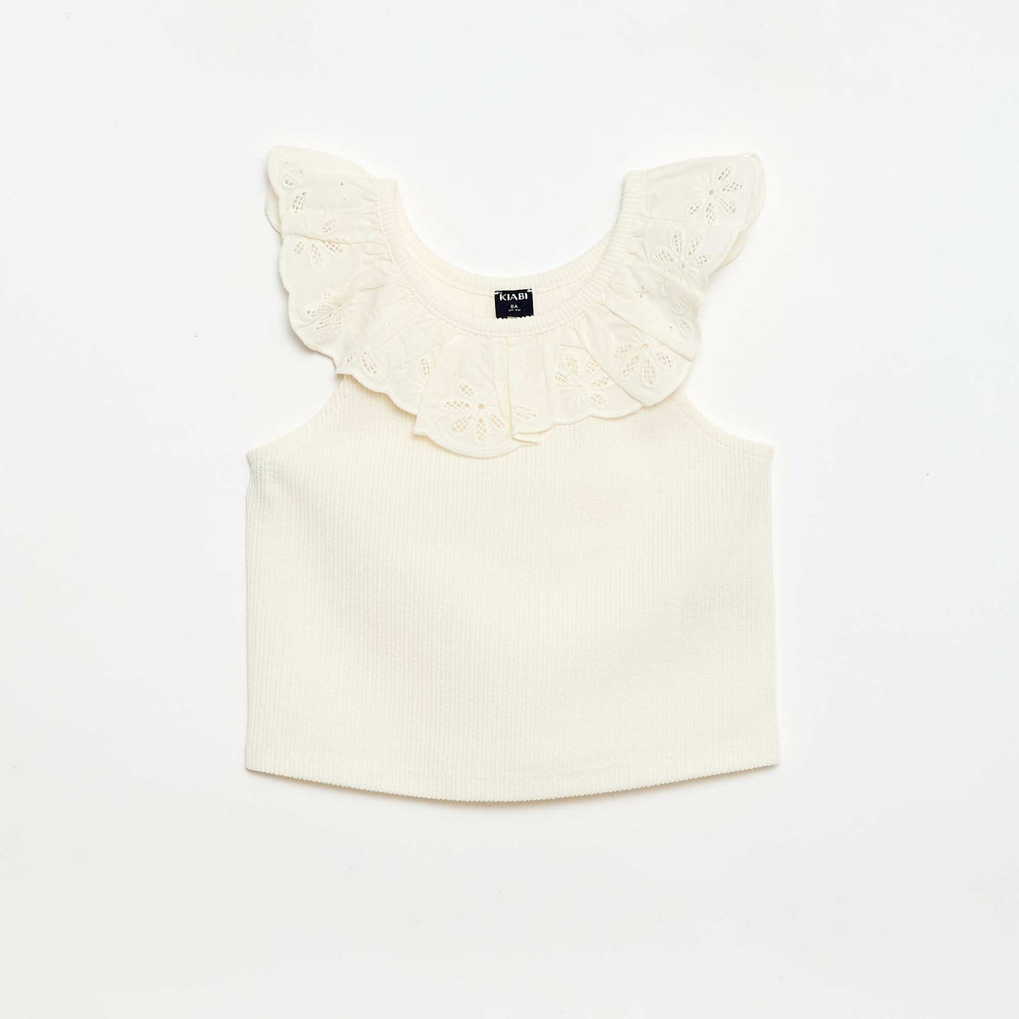 Ribbed Tank Top with Embroidered Collar BEIGE