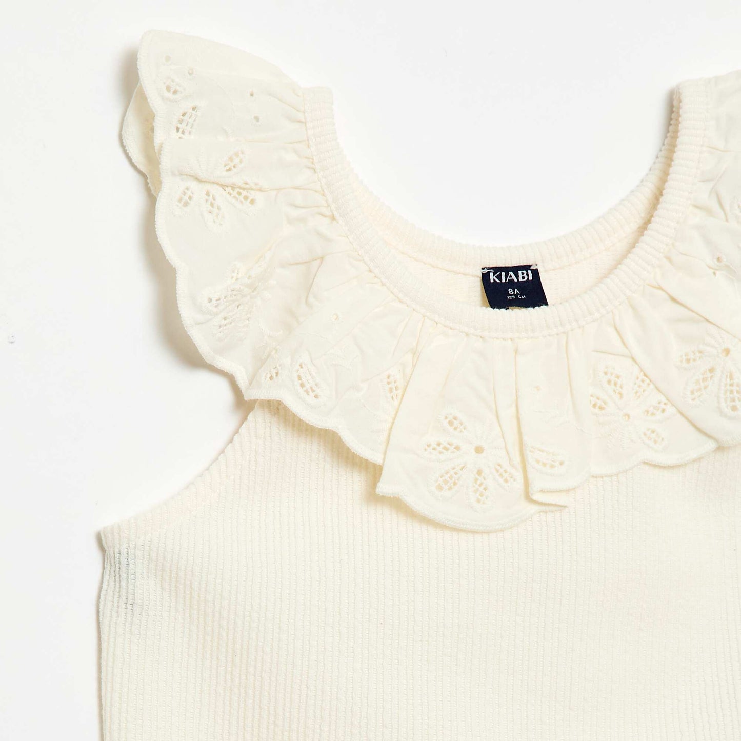 Ribbed Tank Top with Embroidered Collar BEIGE