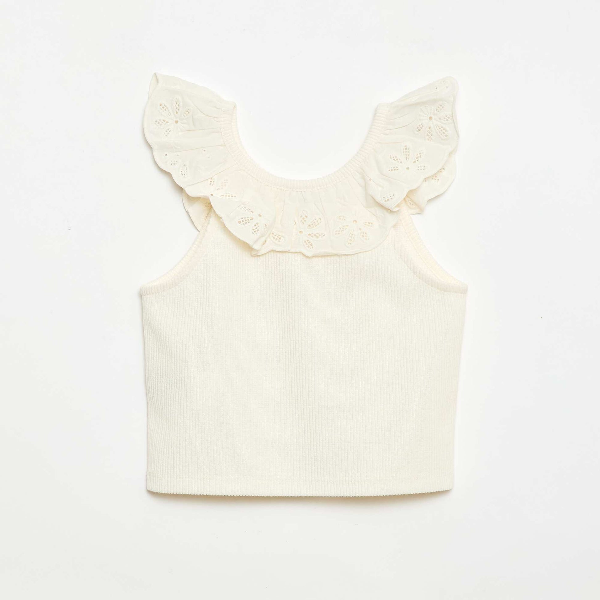 Ribbed Tank Top with Embroidered Collar BEIGE