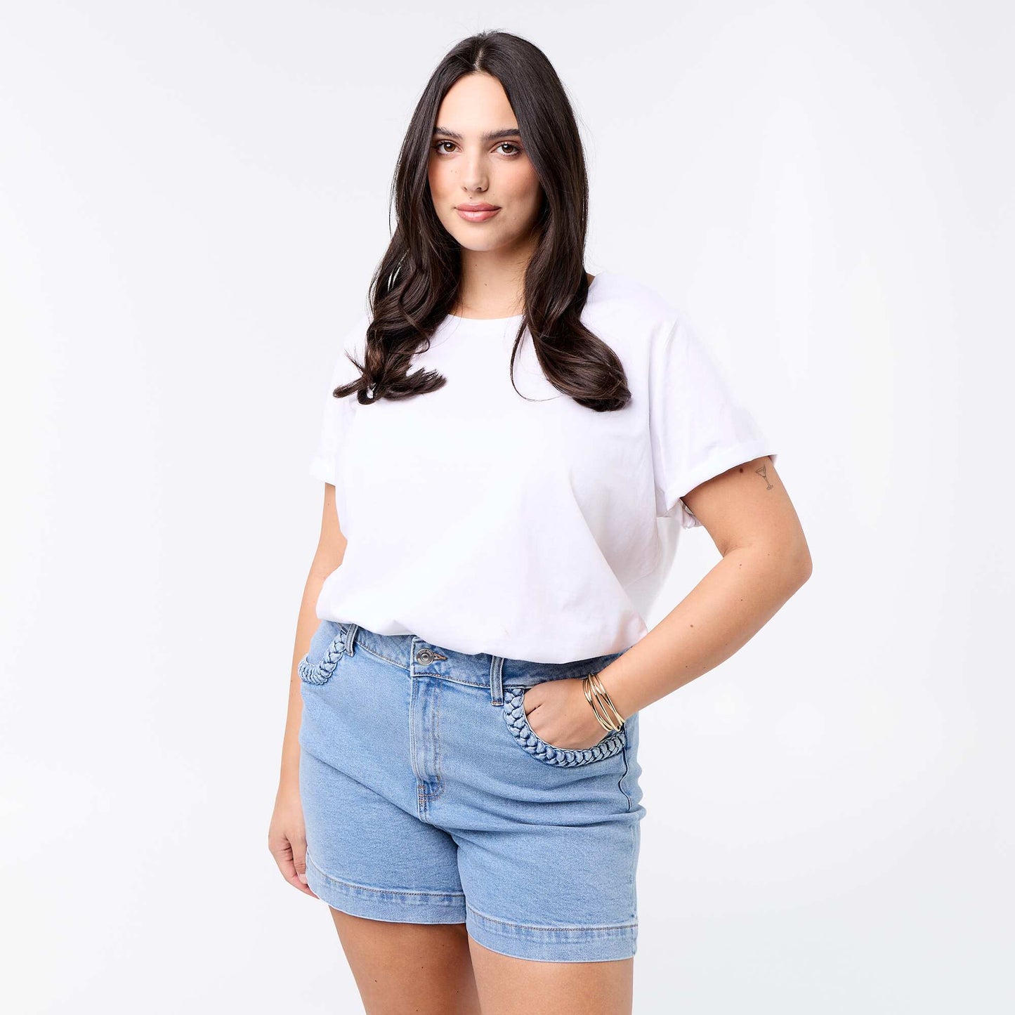 Denim shorts with braided pockets BLUE