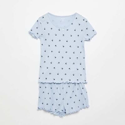 Pointelle Knit T-shirt and Shorts Pajama Set - 2-piece BLUE