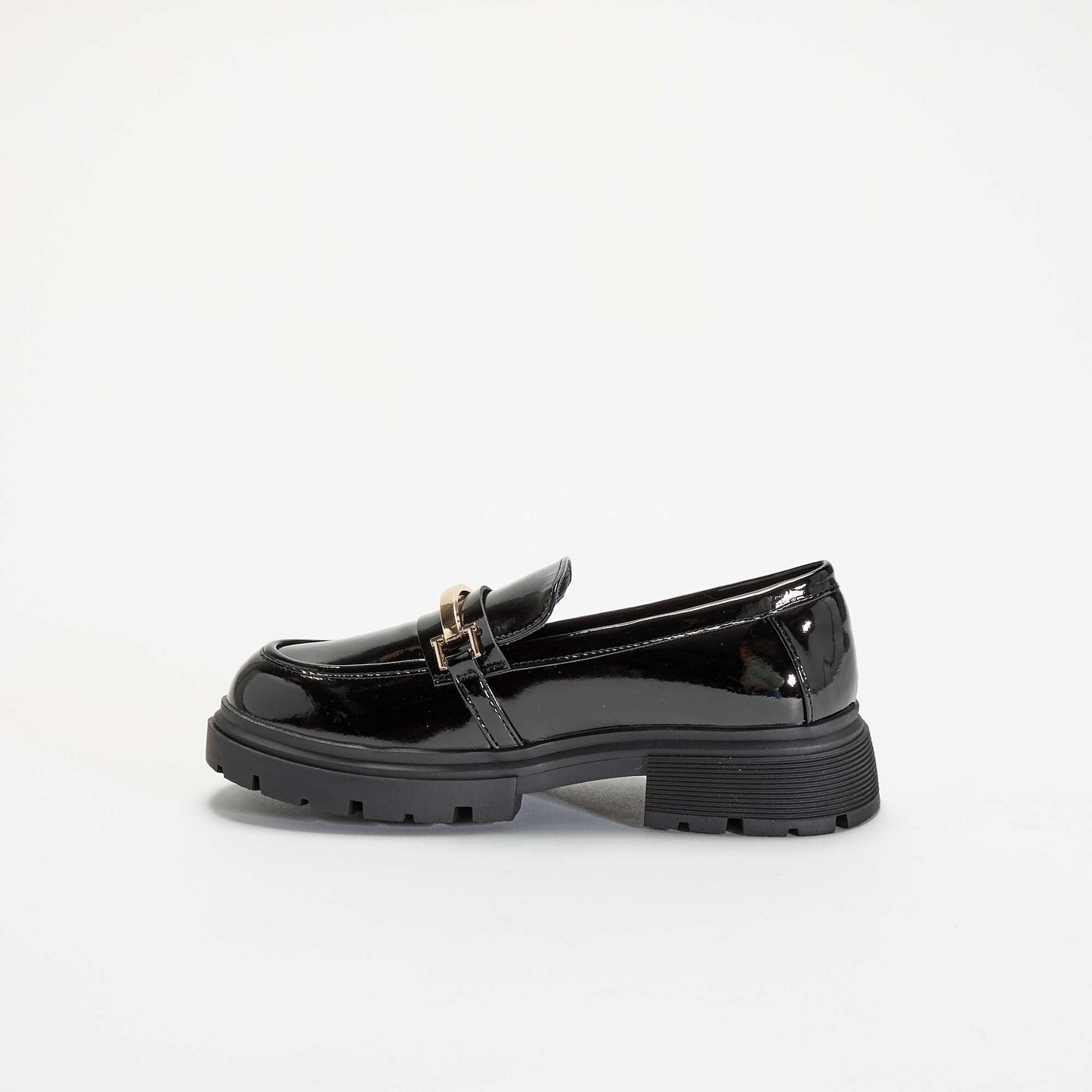 Patent loafers with lug soles BLACK