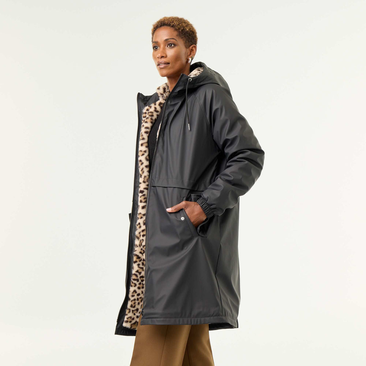 Straight-cut faux fur lined parka BLACK