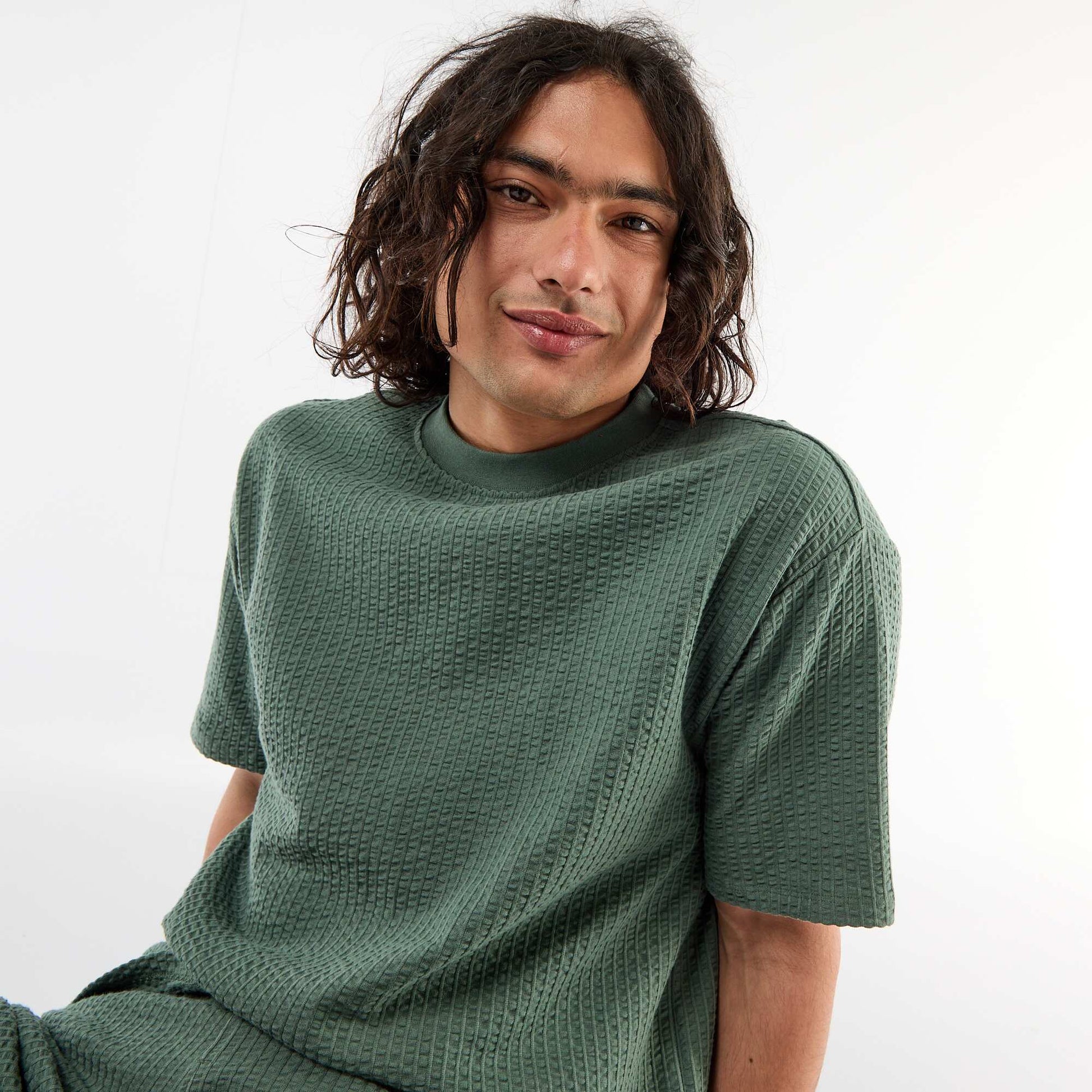 Honeycomb Knit Short-Sleeve Printed T-shirt GREEN