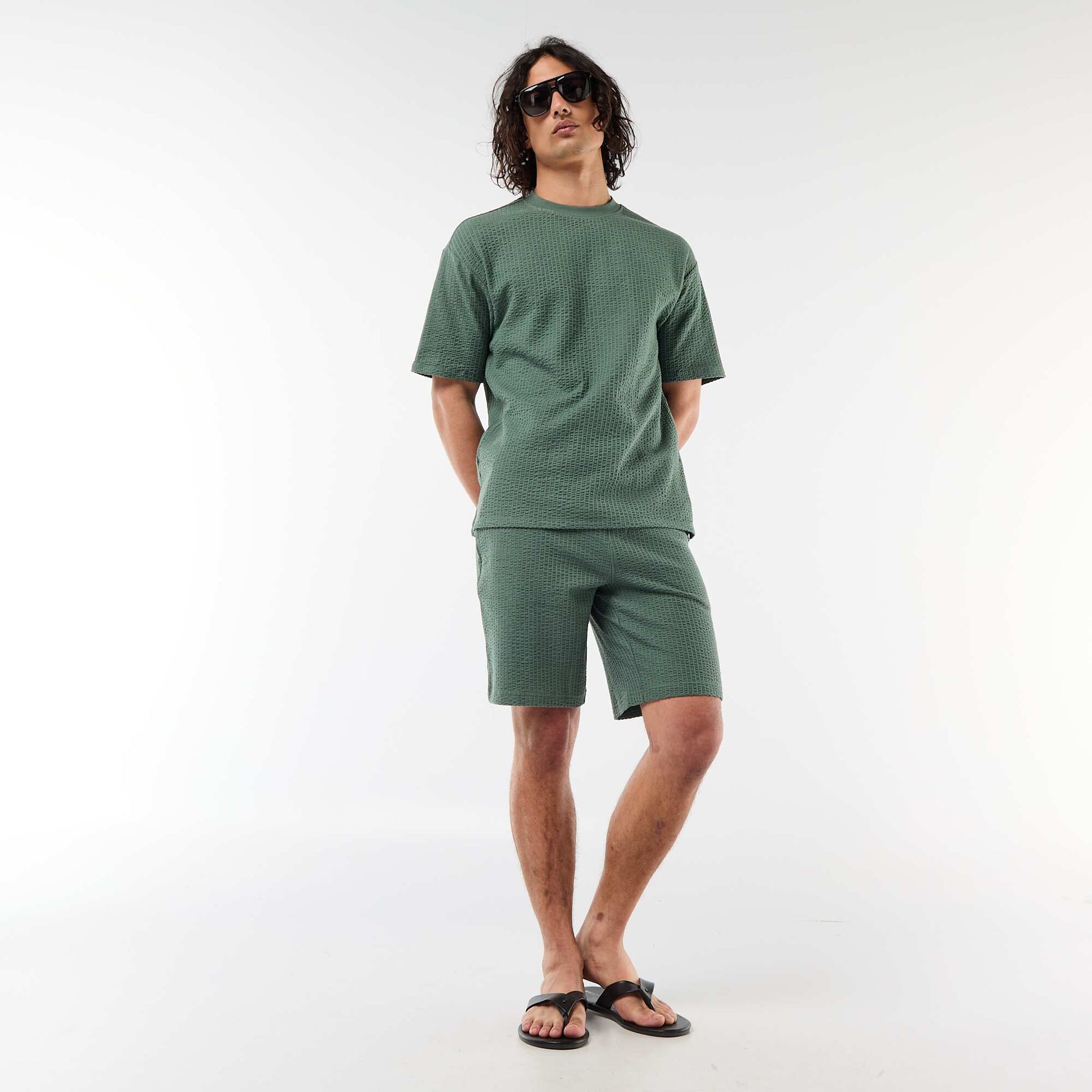 Honeycomb Knit Short-Sleeve Printed T-shirt GREEN