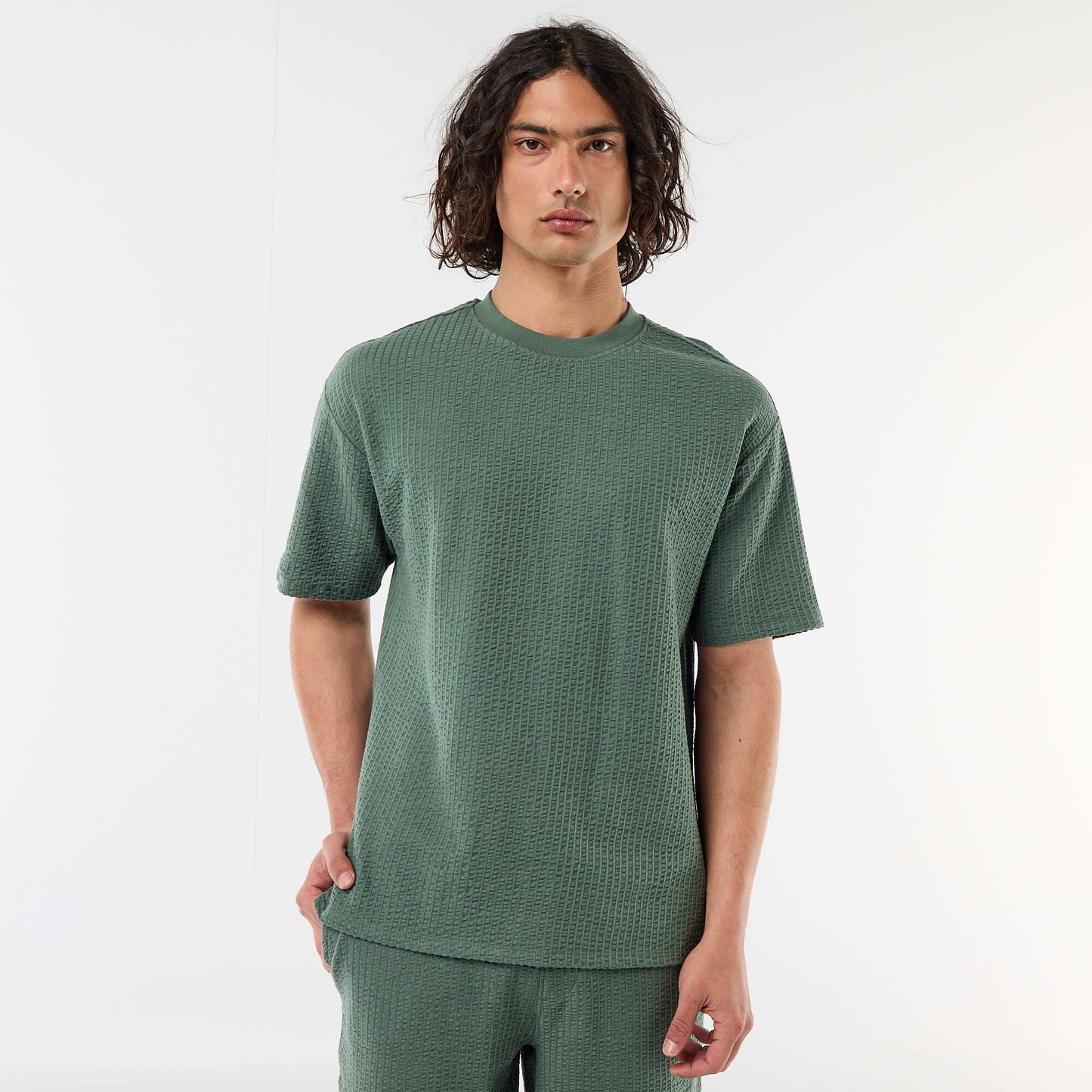 Honeycomb Knit Short-Sleeve Printed T-shirt GREEN